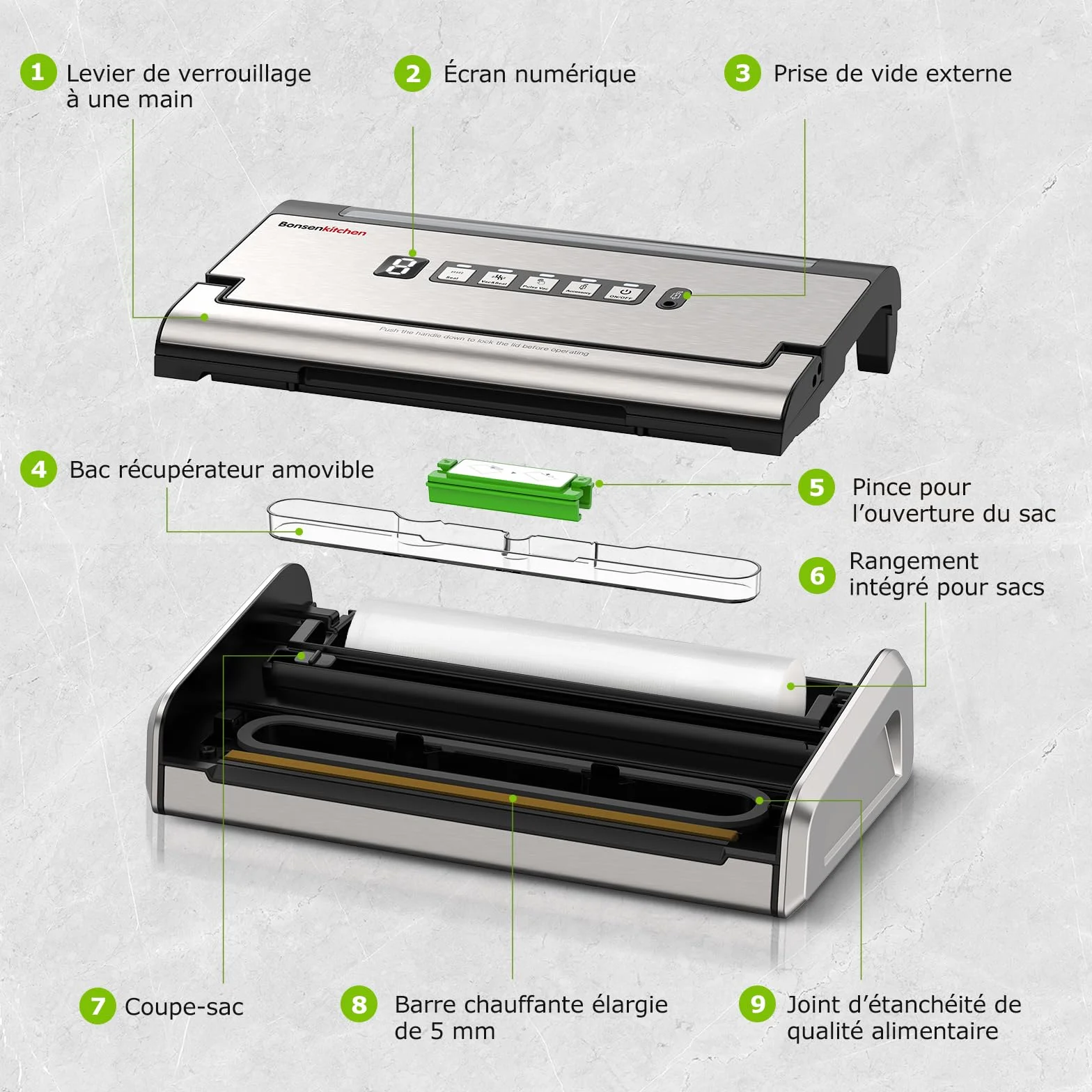 Bonsenkitchen Machine Sous Vide, 5mm Soudure Large Anti-Fuite, Acier Inoxydable, Une Main & Pulse Sec/Humide, VS4200