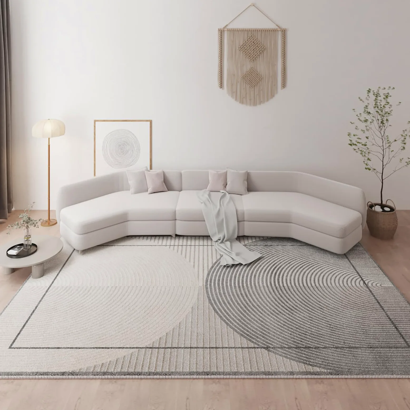 Tapis Salon Décoration intérieure,Gray,200 x 200 cm,Design Moderne à Rayures circulaires Gris Noir,Tapis Carré Doux Poils Ras Chambre Salle d'étude,