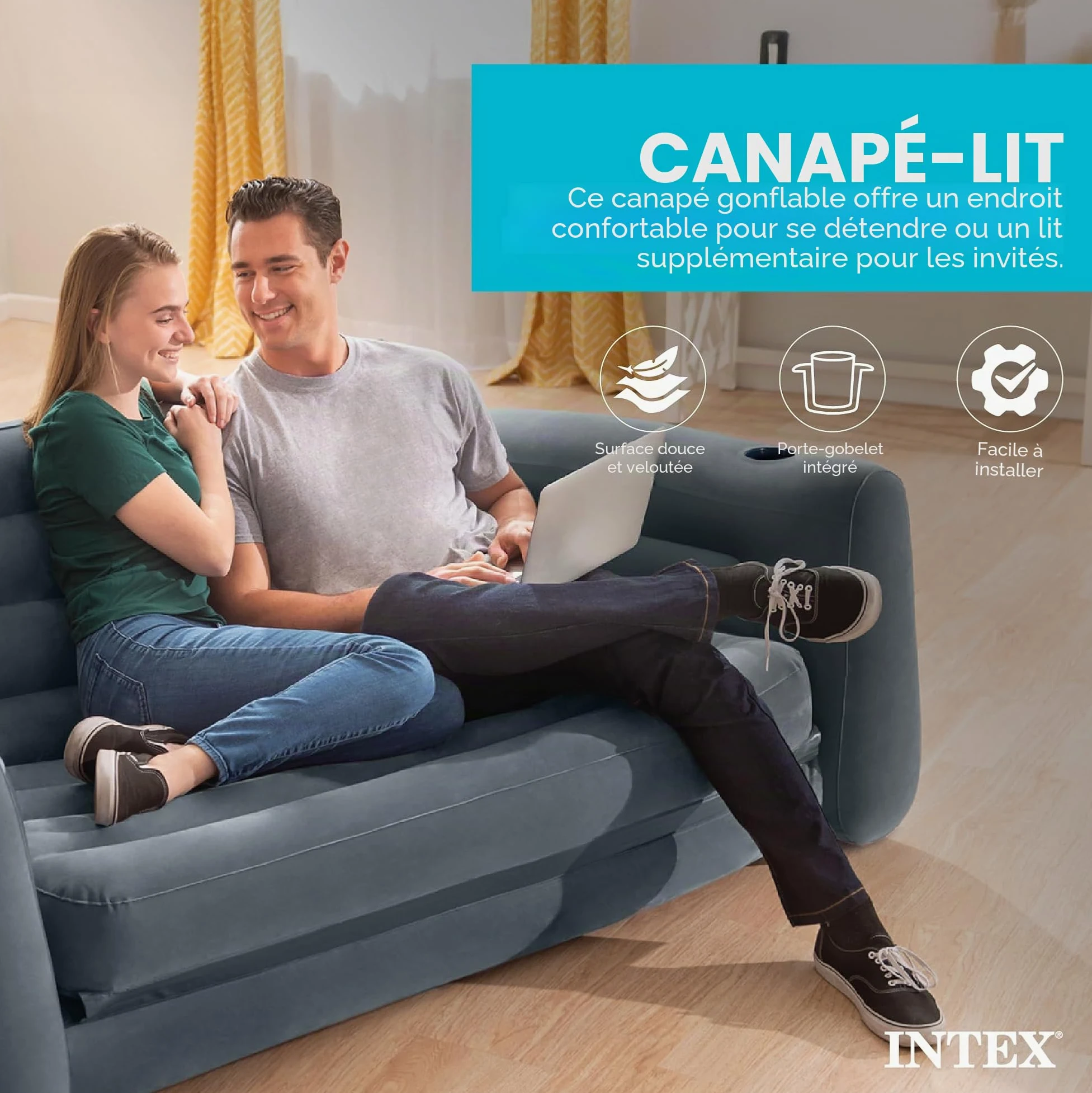 Intex Canapé-lit de Camping Gonflable avec 3 valves de gonflage et de dégonflage Rapides, 203,2 x 231,14 x 66,04 cm, Gris Anthracite