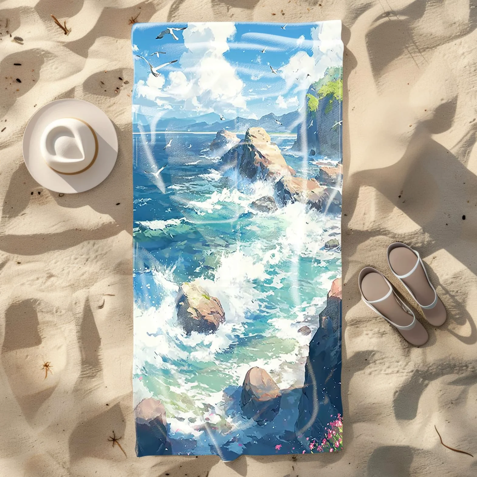 Tapis de Plage XXL Anti Sable Plage Seagull Bleu Serviette Piscine Adulte,Natte De Plage Pliable, Voyage Accessoires De Plage Camping,Serviette de Bain Personnalisée