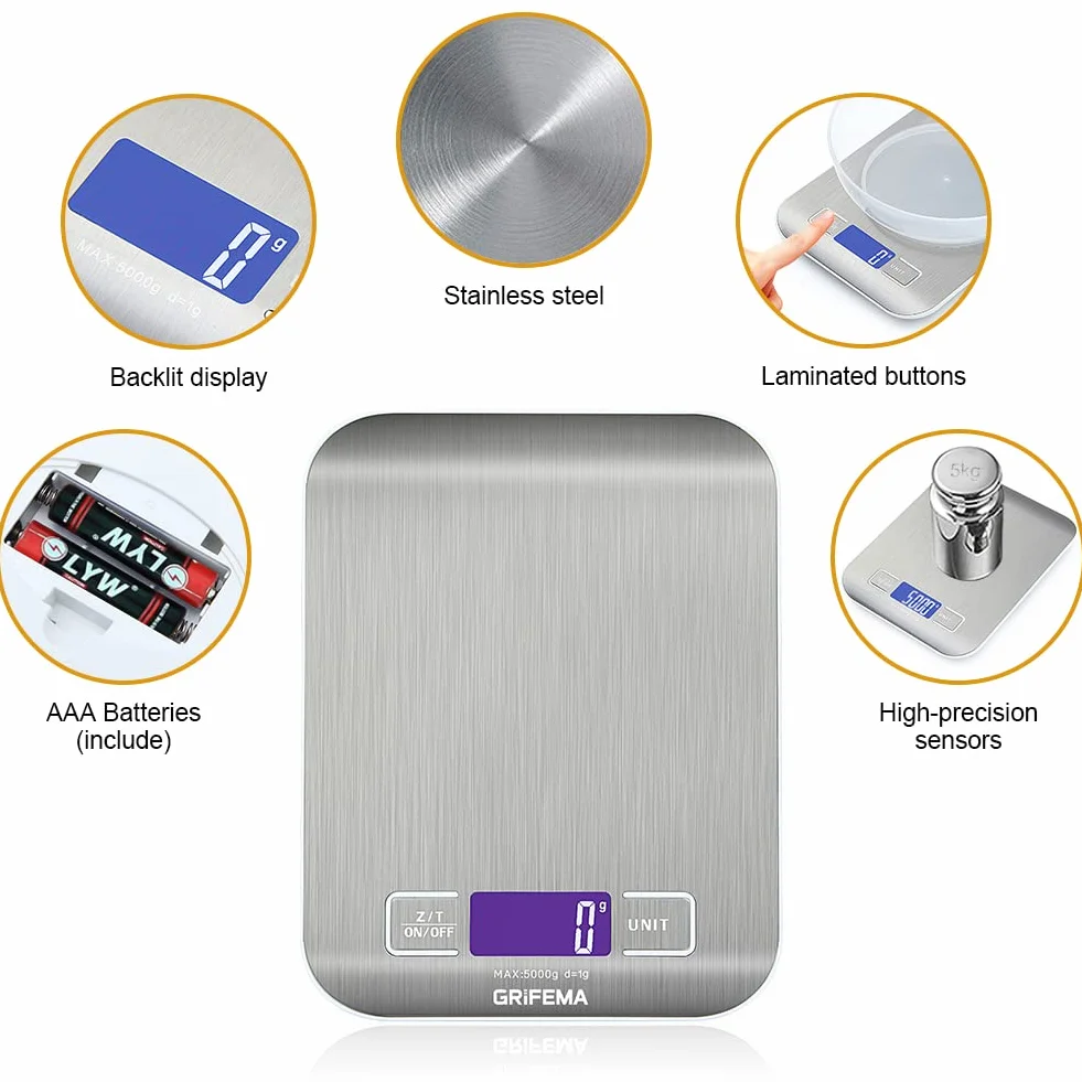 GRIFEMA GA2002 Balance de Cuisine Électronique 5000g/1g Acier Inoxydable Écran LCD