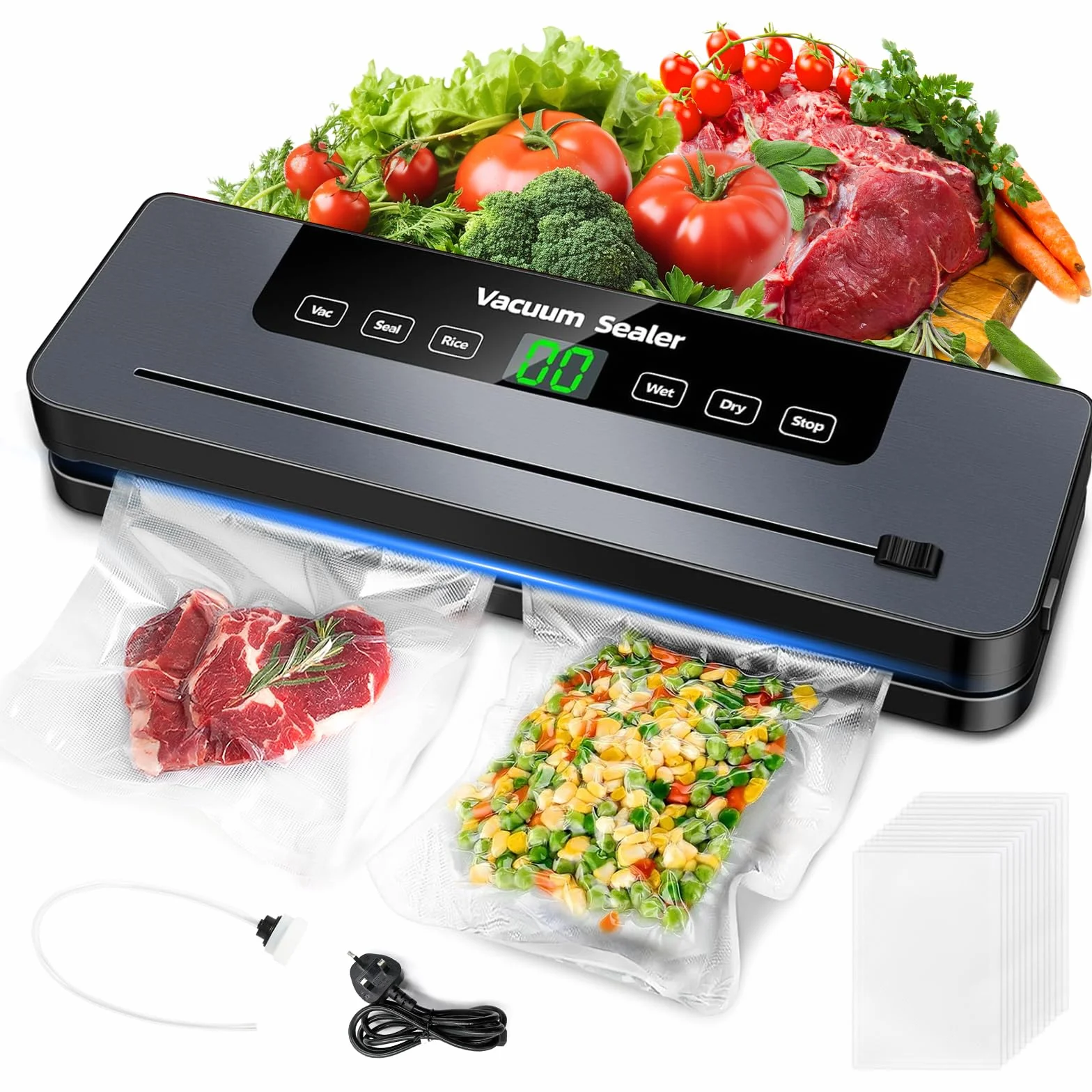 Machine Sous Vide Alimentaire 6 en 1, Multifonction avec 50 Sacs, Automatique Secs et Humides, Couteau Coupe et Tuyau
