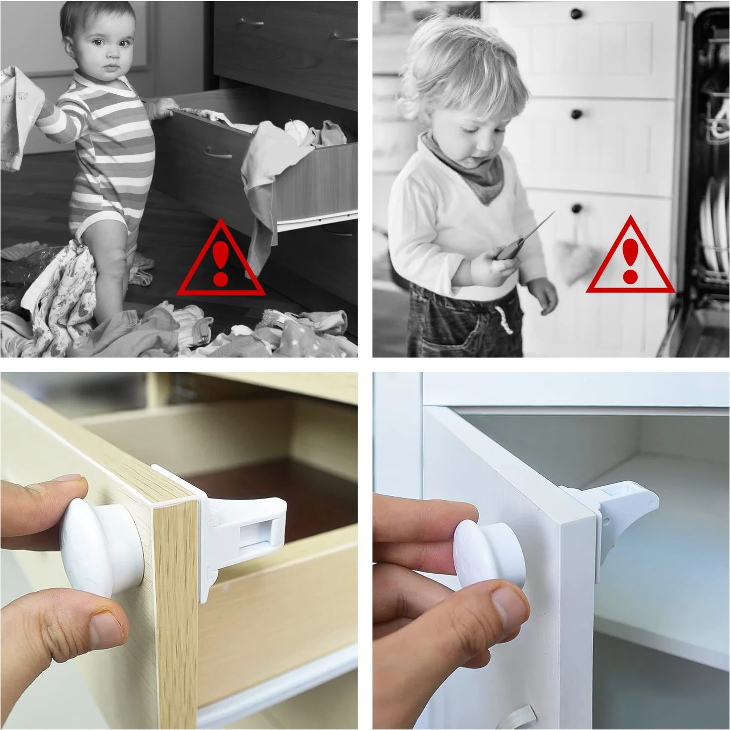 Lot de 4 serrures de sécurité pour enfants avec clé magnétique, serrure de tiroir invisible sans perçage