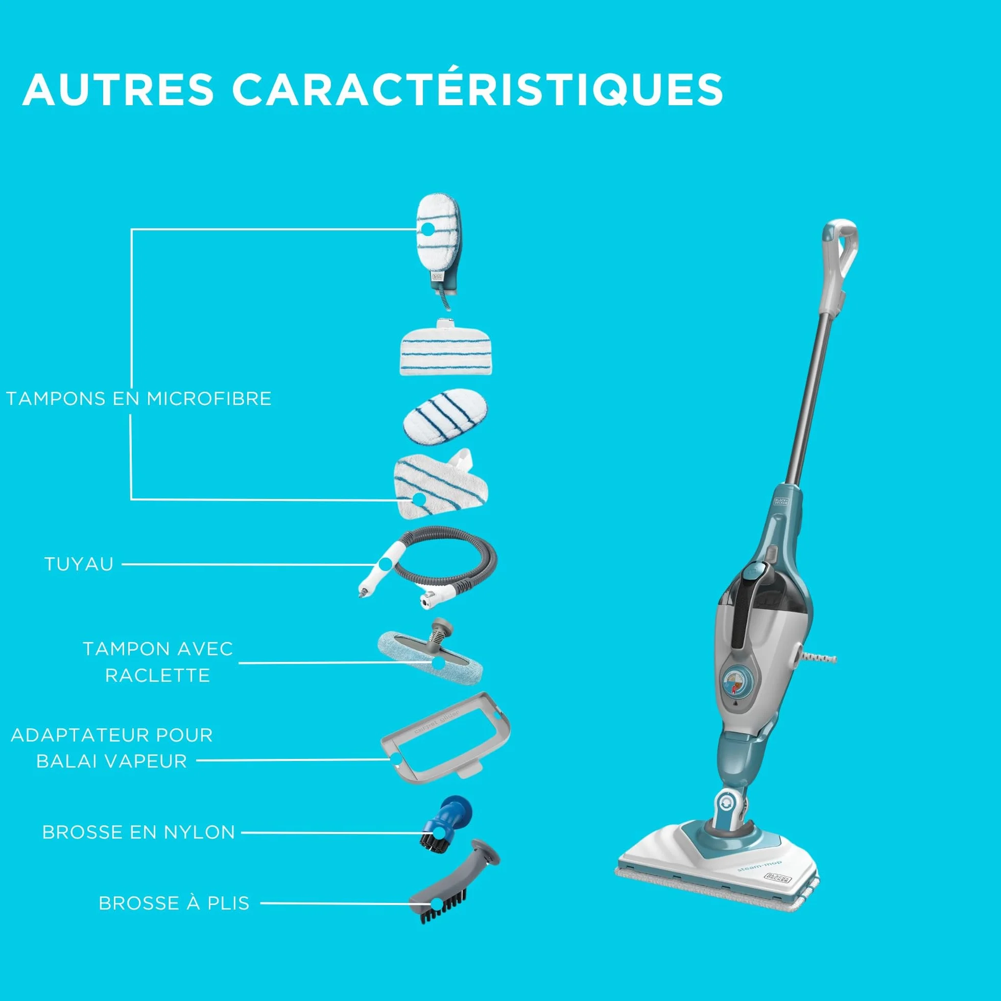 BLACK+DECKER Vadrouille à vapeur 2-en-1 SteaMitt 11 accessoires BHSM166DSM-QS