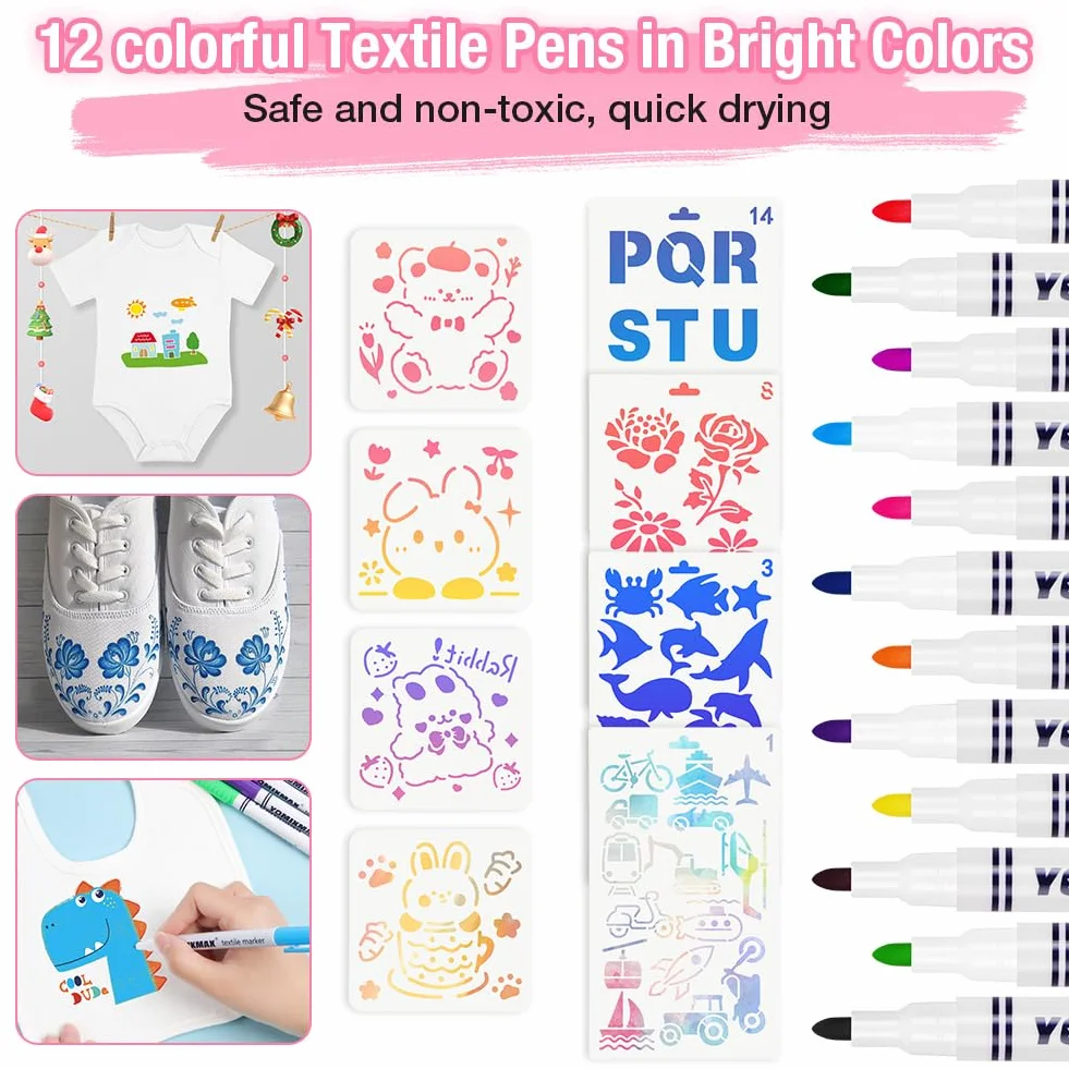 Bavoirs Peinture 6PCS avec Grenouillères 6PCS, 12 Stylos Textiles, 22 Pochoirs, Cadeau Babyshower DIY (9-12mois)