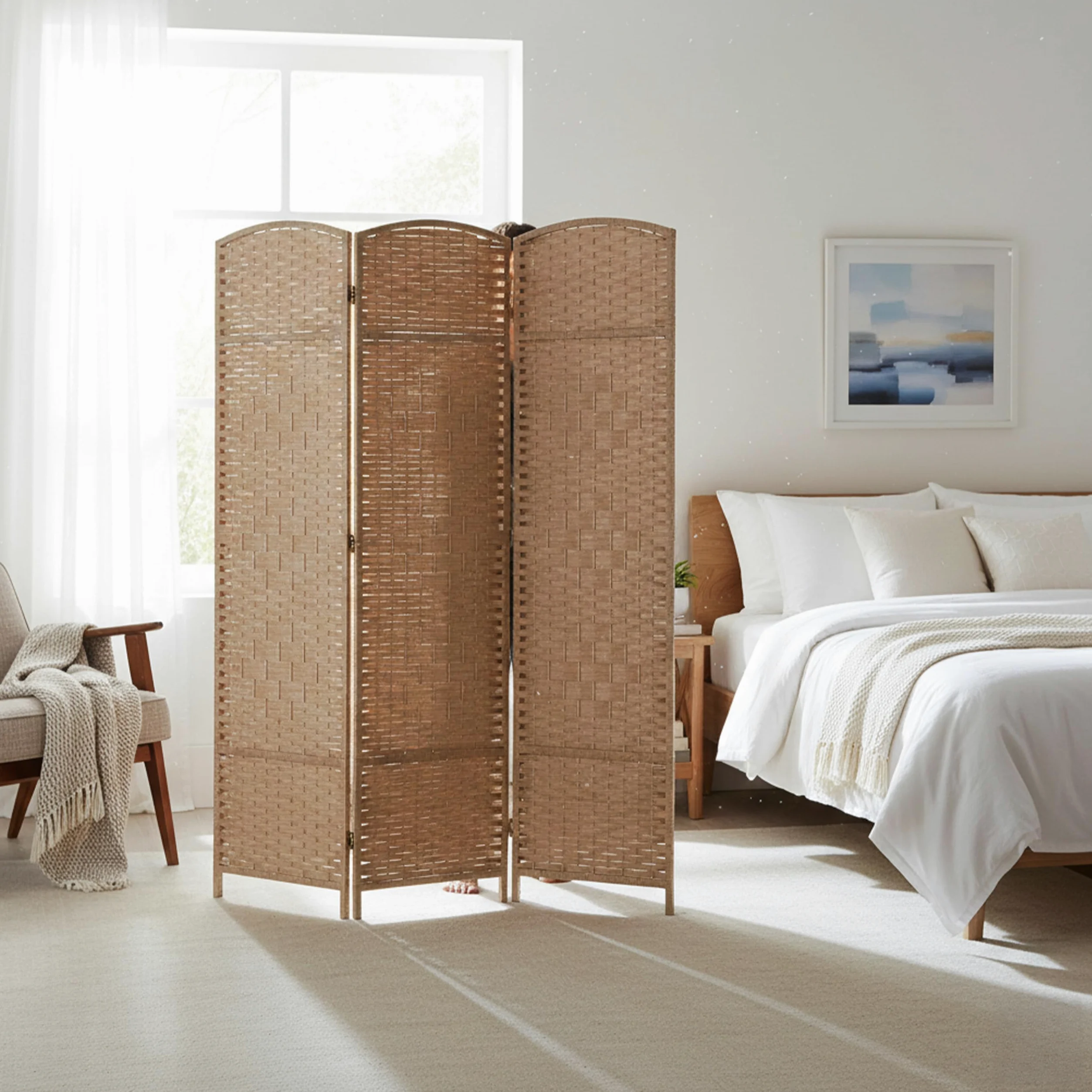 Relaxdays Paravent intérieur 3 Parties, HxL 170 x 120 cm, Pliable, Bois & Corde Papier, Naturel, séparateur de pièce