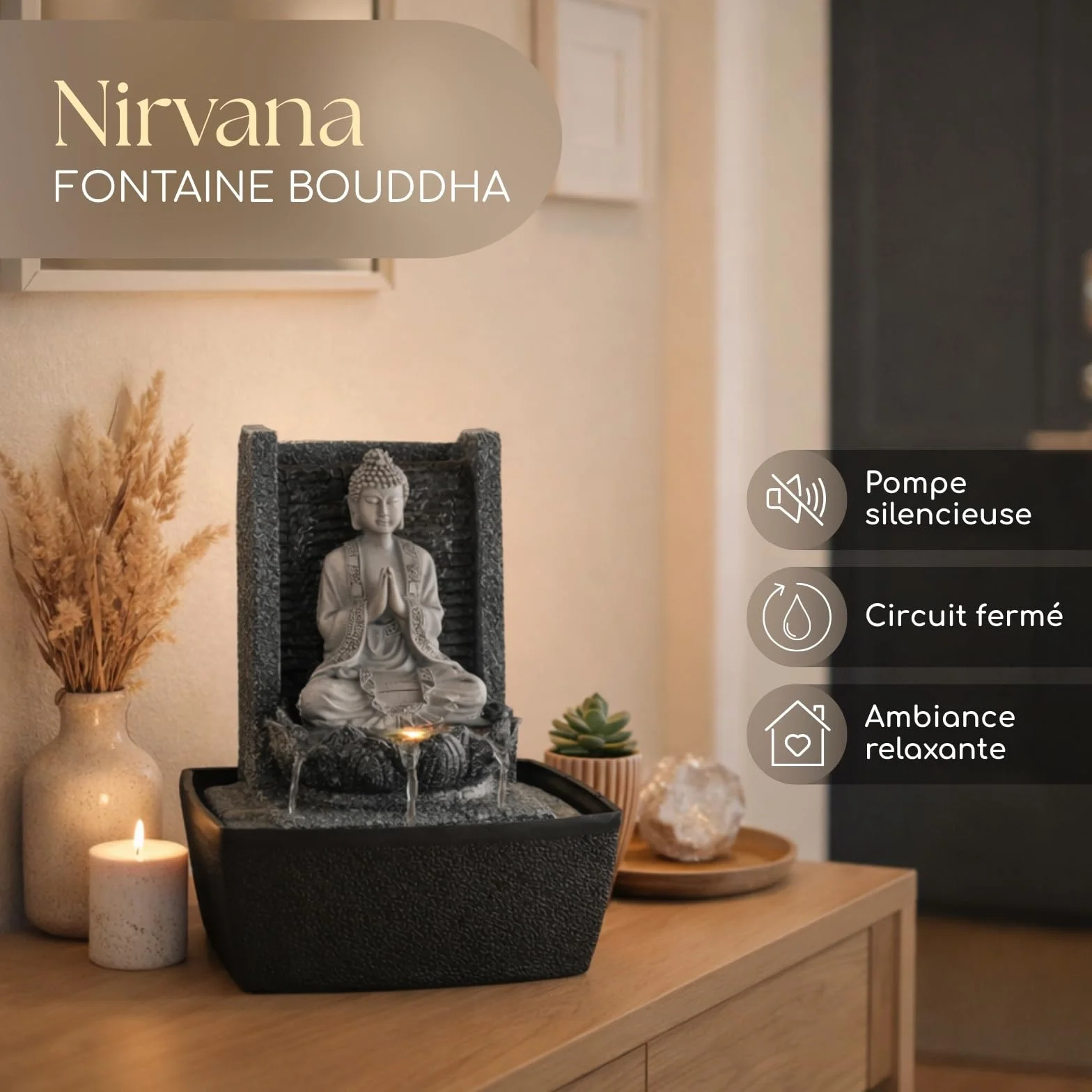 Fontaine d'Intérieur Bouddha Mur d'Eau Cascade Lotus Lumière LED Blanc Déco Zen Salon Chambre Feng Shui H 26cm
