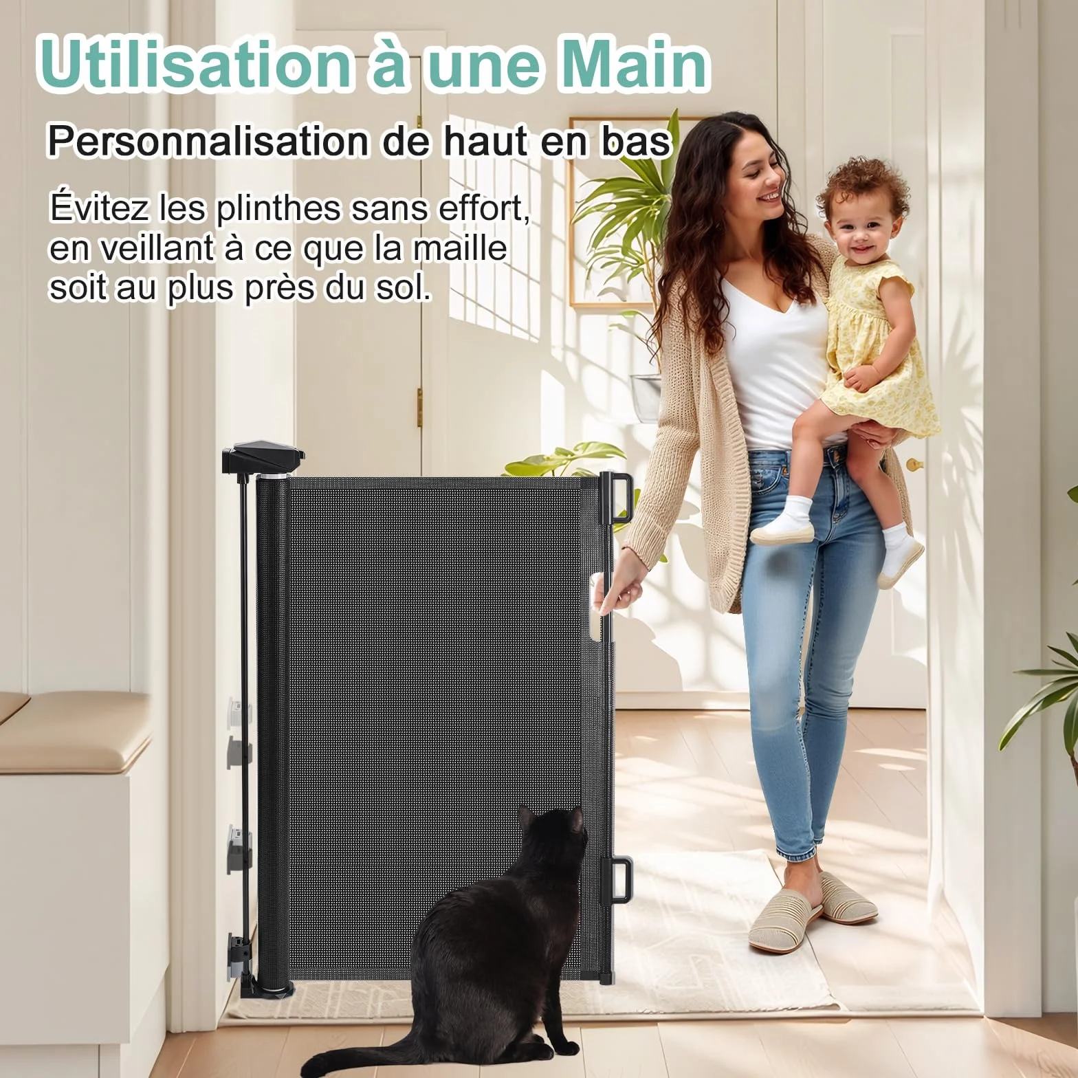 Barrière Sécurité Enfant Chien, Barriere Securite Retractable, Renforcement Fibre Verre, 1.5M