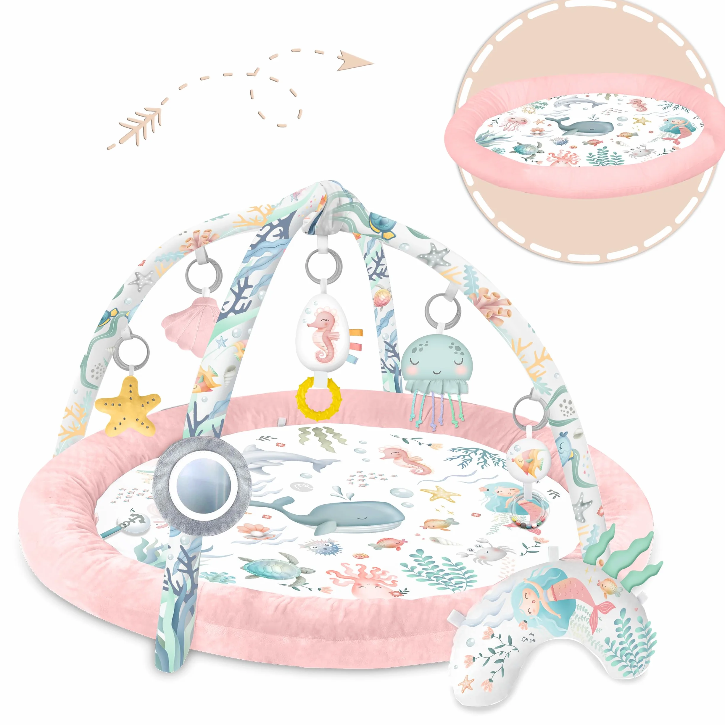 Nukido Tapis d'Éveil Bébé avec Arches Amovibles et 7 Jouets - Rose Océan
