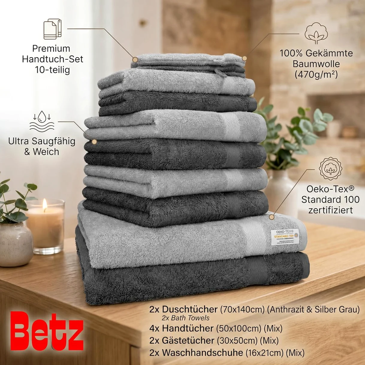 Betz Lot de 10 Serviettes Premium 100% Coton – 2 draps de Bain 70x140, 4 Serviettes 50x100, 2 essui-Mains 30x50, 2 Gants de Toilette – Tout en Tissu éponge Doux - Couleur Anthracite et Gris argenté