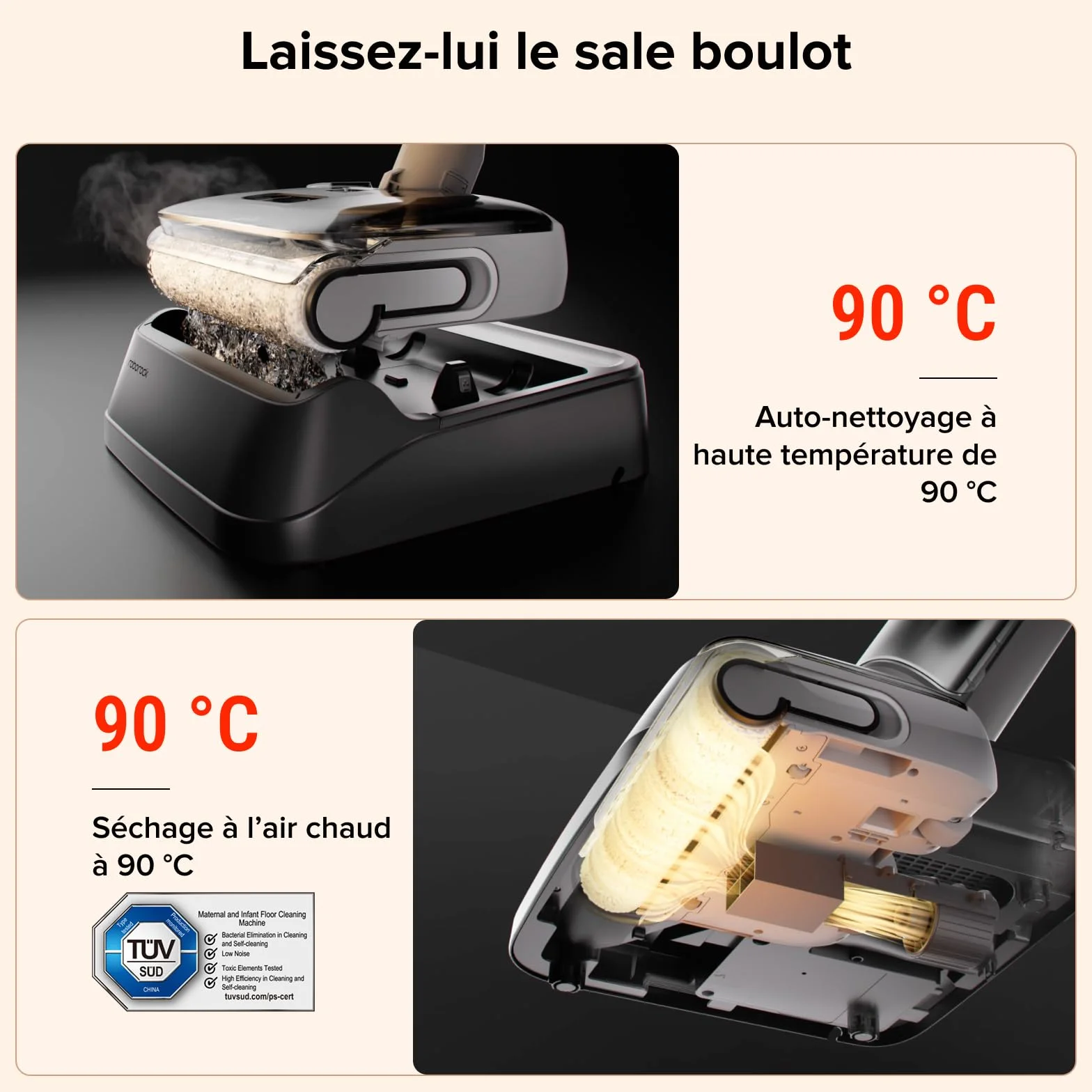 Roborock F25 GT Aspirateur Laveur 20 kPa sans Fil Autonettoyage 90°C