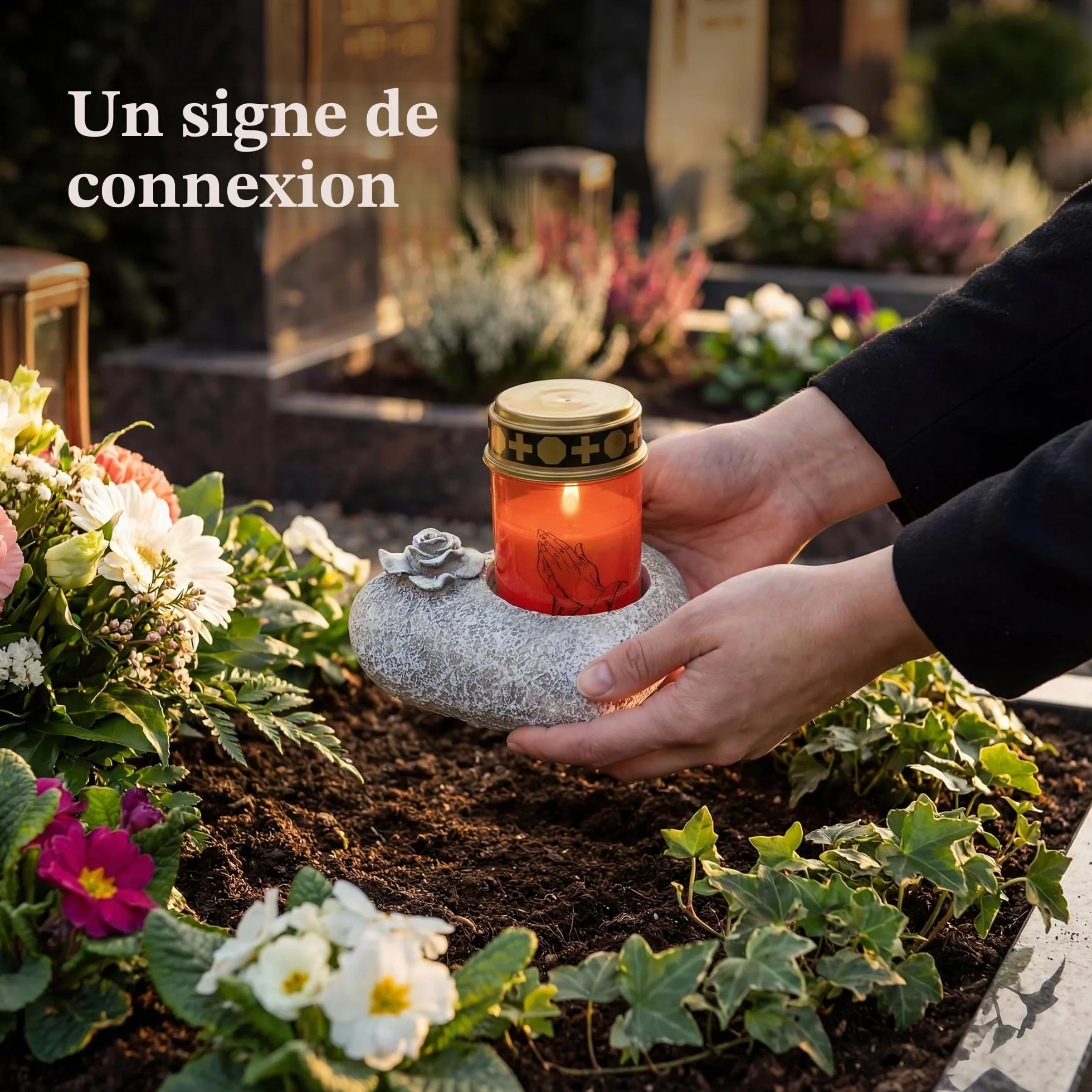 Décoration funéraire en forme de cœur rose grise pierre commémorative photophore