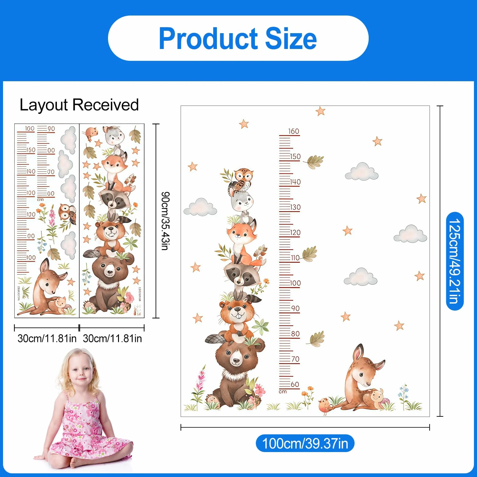 Toise adhésive murale animaux forêt 60-160 cm étanche pour chambre bébé enfant