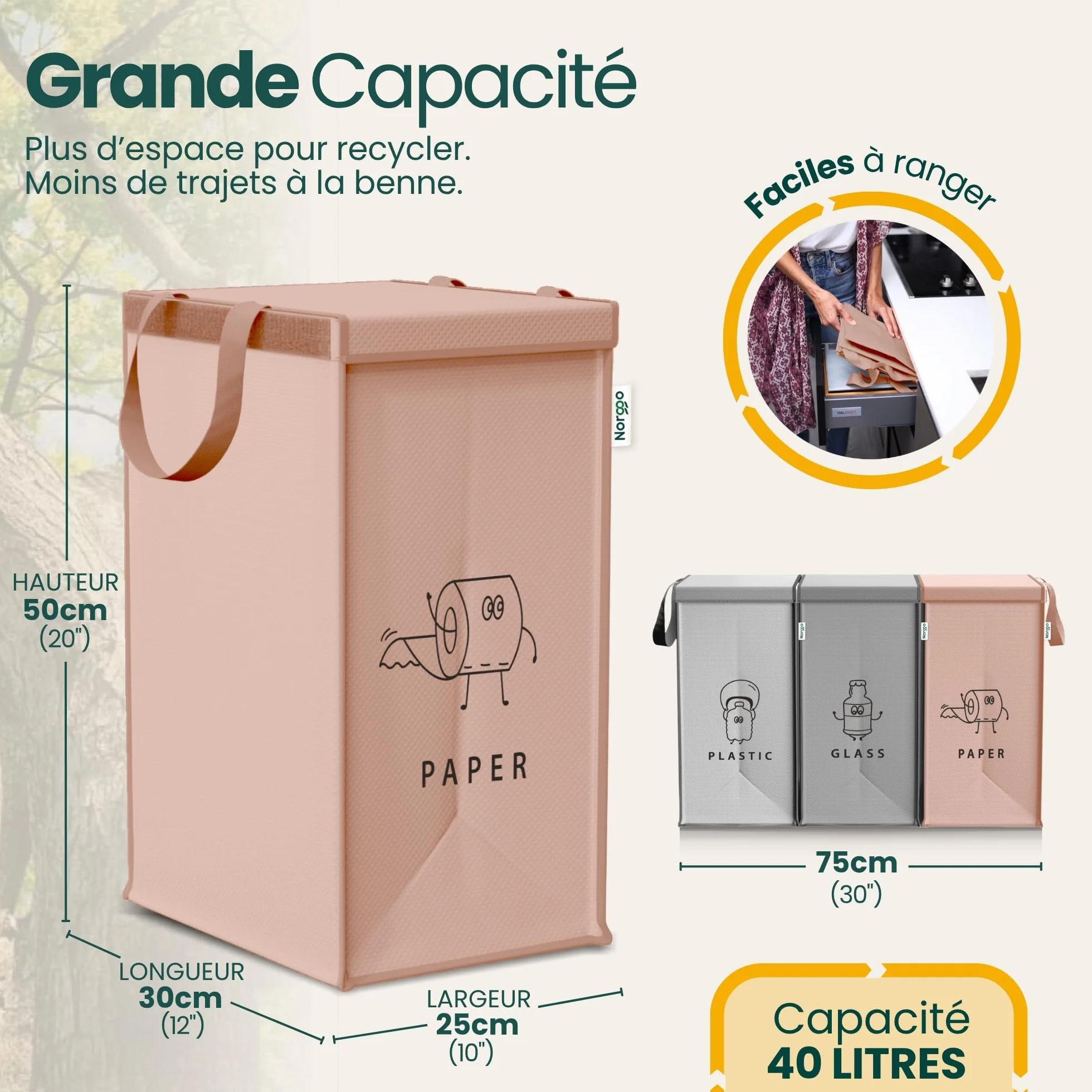 Poubelle tri selectif 3 bacs 40L avec poignée pour plastique, papier et verre