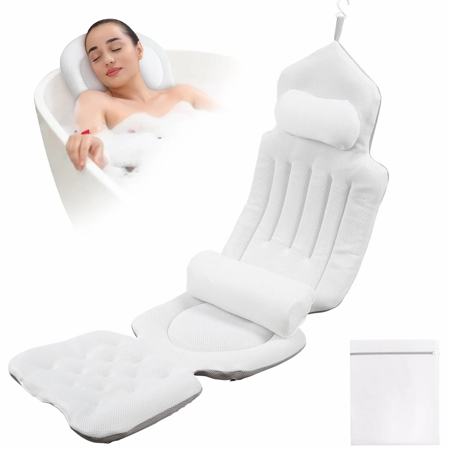 Coussin de Bain avec Soutien Lombaire Amovible et Sac à Linge, Confort Détente, Blanc