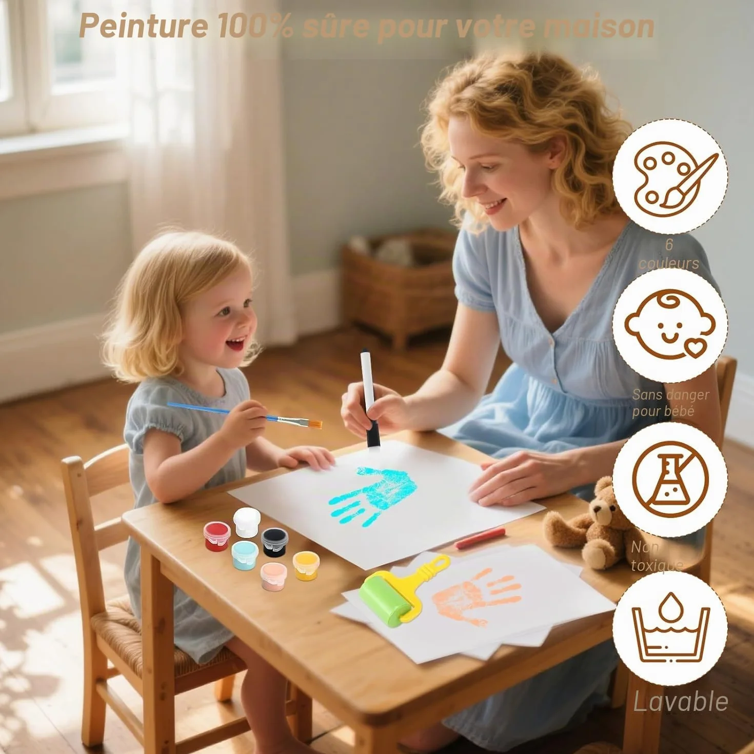 Kit d'Empreintes de Mains Familiales avec Cadre en Bois, 4 Empreintes, 6 Couleurs de Pigments, pour Bébé
