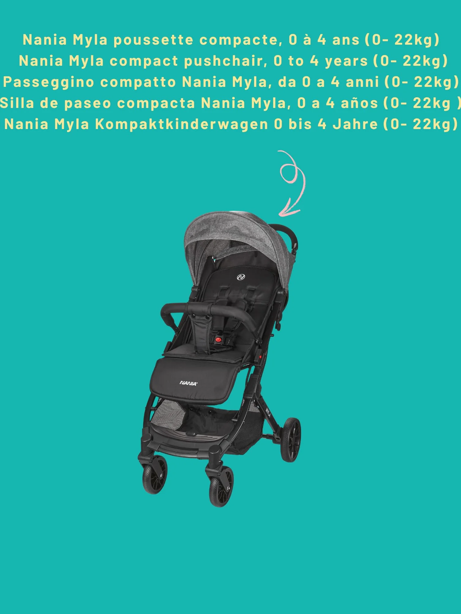 Nania Myla poussette canne compacte 0-4 ans 22kg légère 7,5kg inclinable grand panier trolley transport