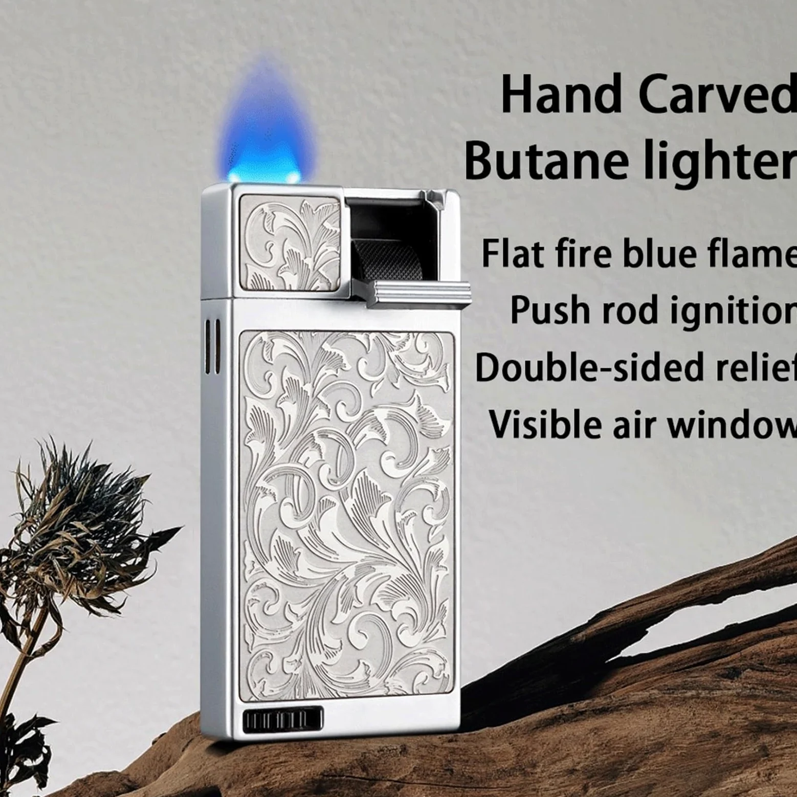 Briquet coupe-vent au butane double face, allumage à bascule, réservoir de gaz transparent, idéal pour le camping et l'extérieur, carburant non inclus