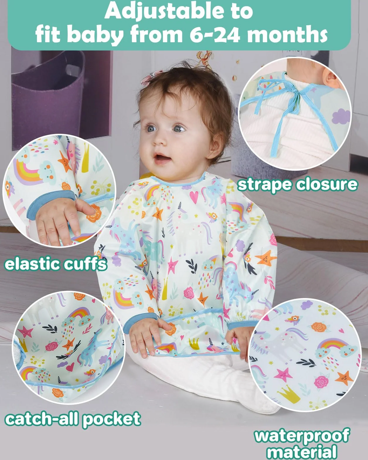 Bavoirs Manches Longues 5PCS Etanches Blouse Peinture Enfant Tablier d'Alimentation Multicolore 0-2ans