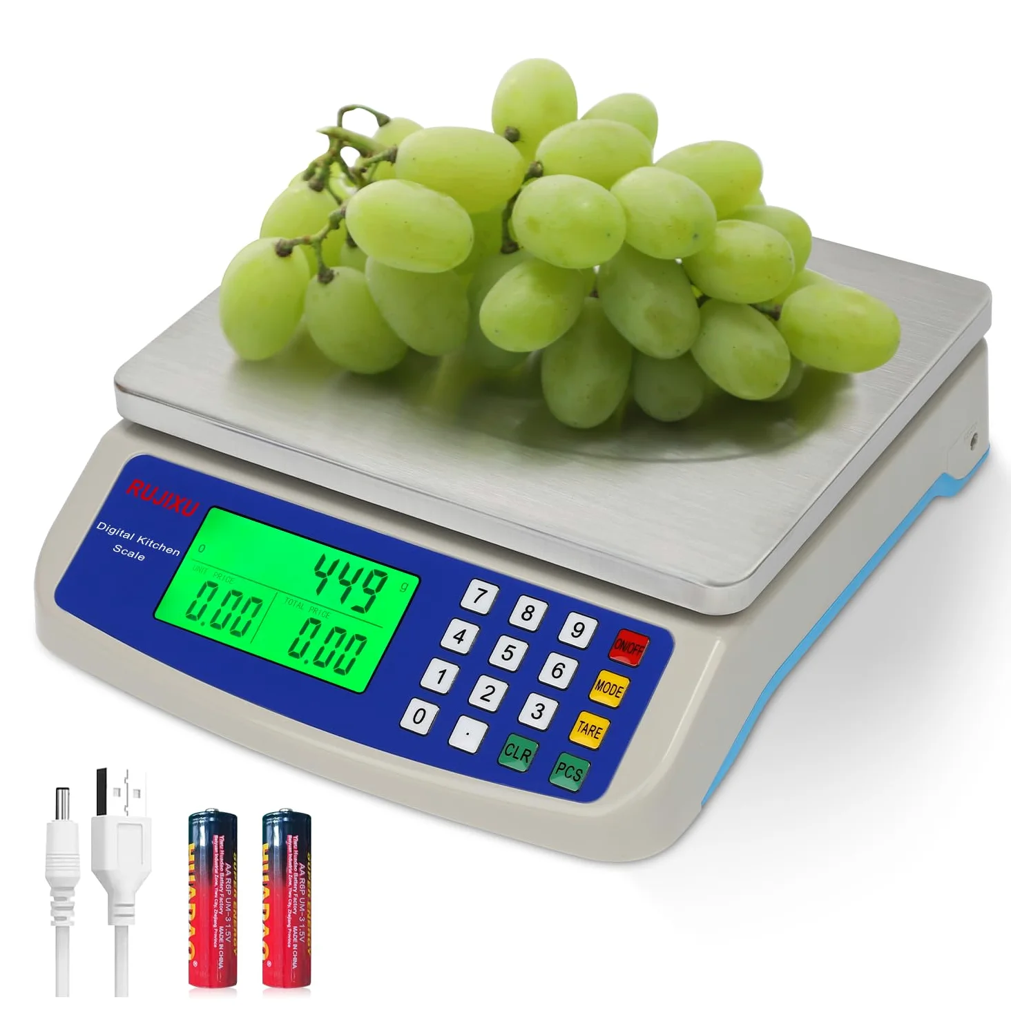 Balance de cuisine precision 10kg/0.5g acier inoxydable balance professionnelle alimentaire avec Écran LCD Rétroéclairé, pese aliment 5 Unités et Fonction Tare, Piles incluses avec USB
