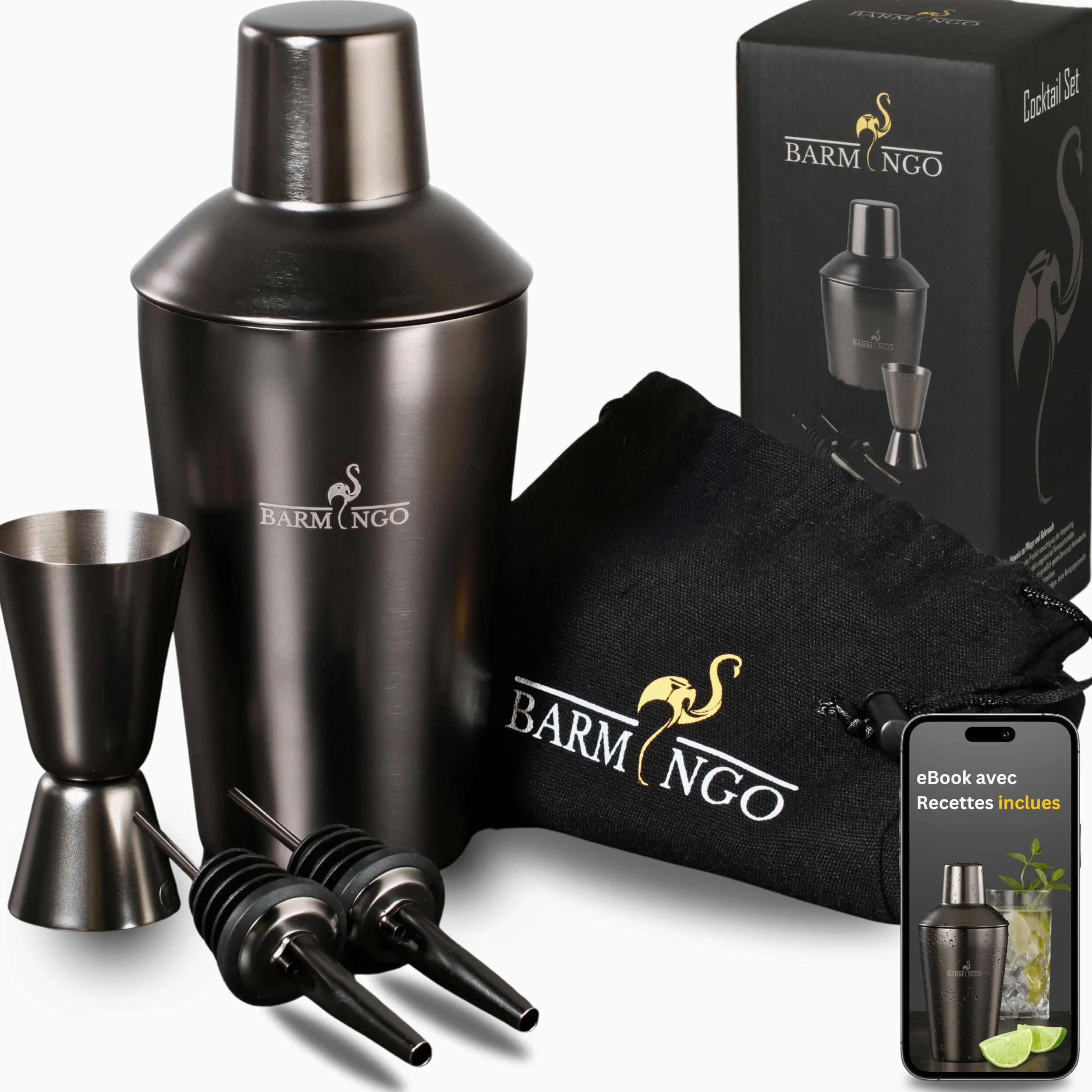 Shaker Cocktail Kit | 5 Pièces, Volume de 500 ML, Noir Métallisé | Shaker Cocktail INOX avec Accessoires de Bar | Set Barman Cocktail Shaker | Kit Cocktail Professionnel