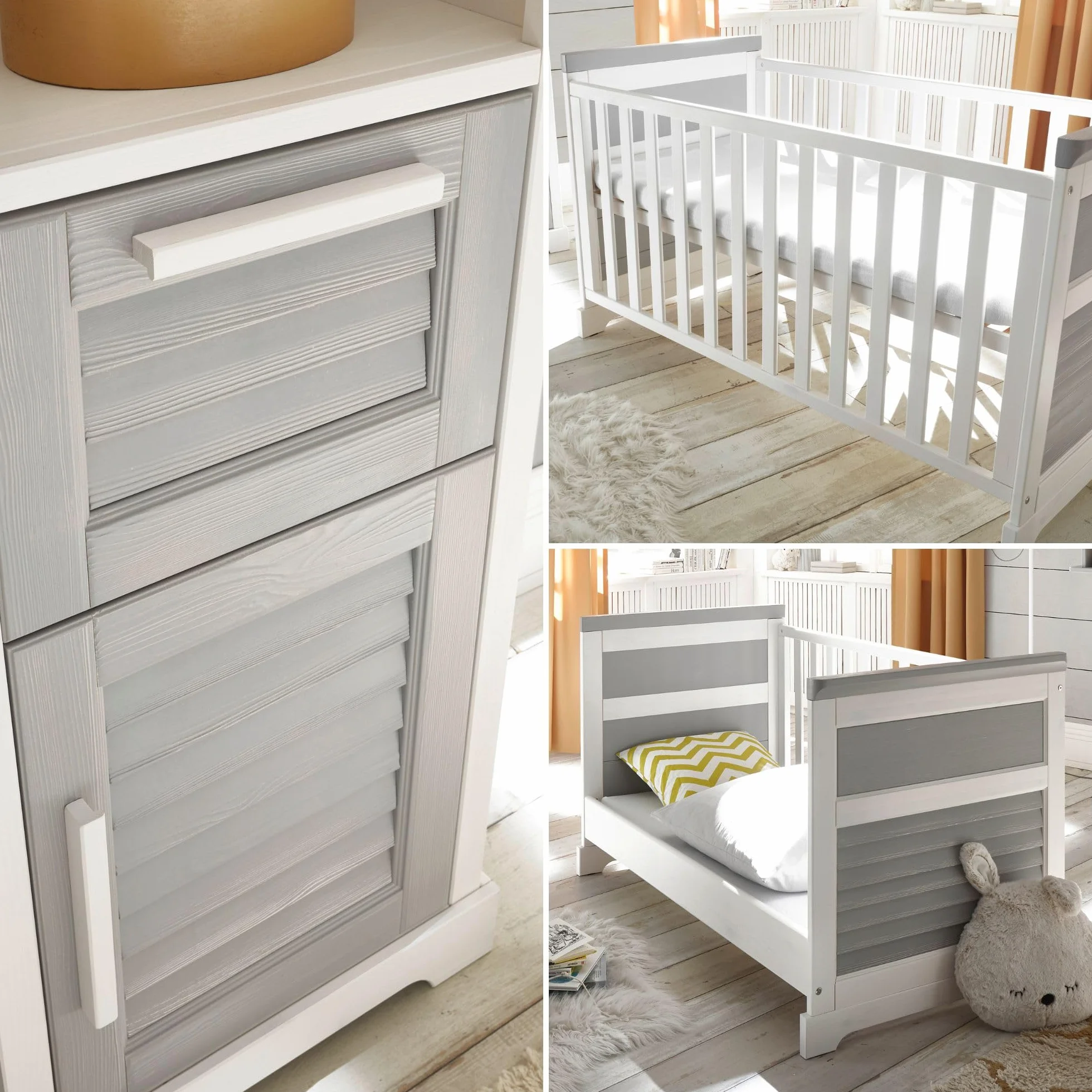Stella Trading Alma Ensemble Complet de Meubles pour Chambre, pin Massif, Blanc/Gris, 3 pièces