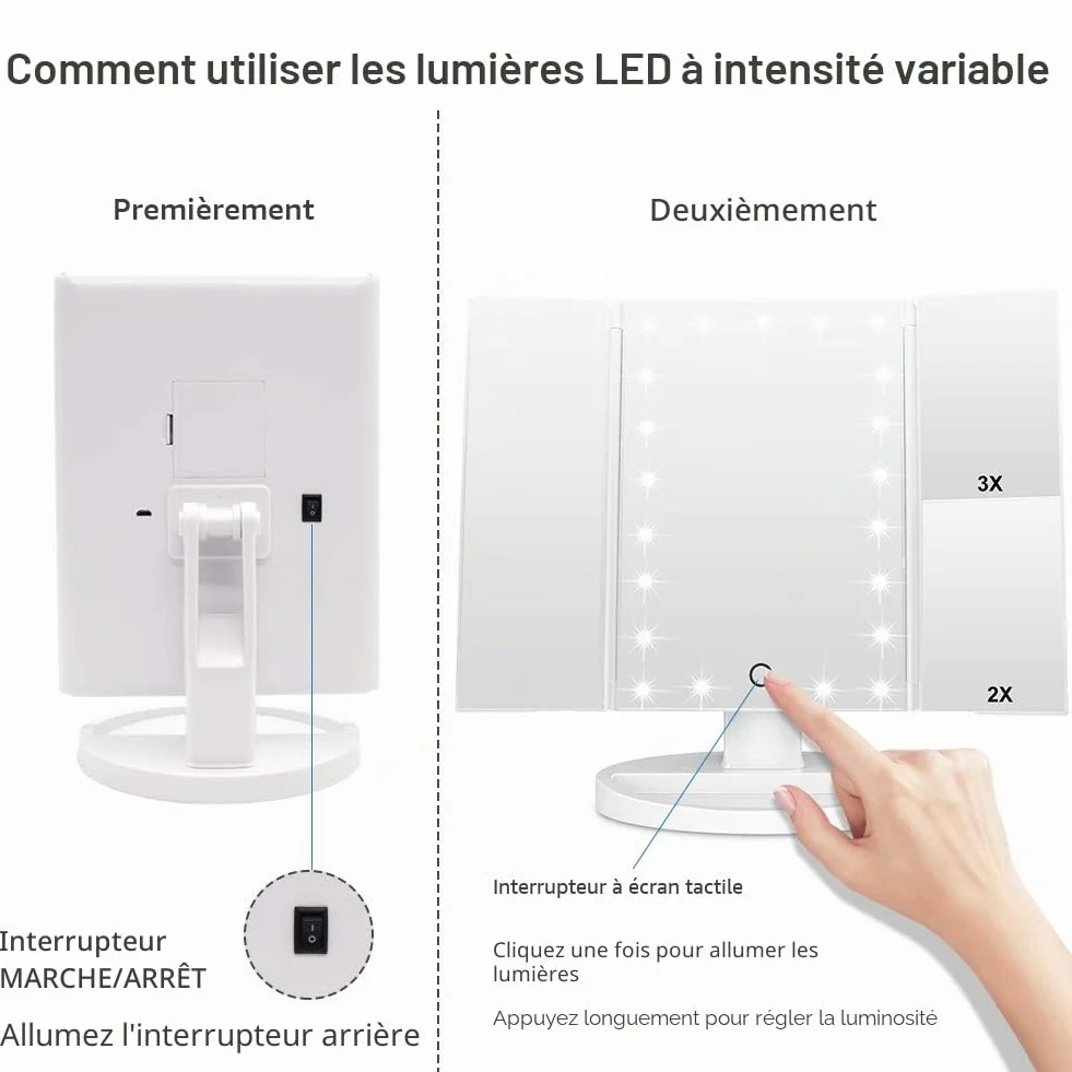 WEILY Miroir de Maquillage 3 Volets avec 21 LED Tactile Blanc