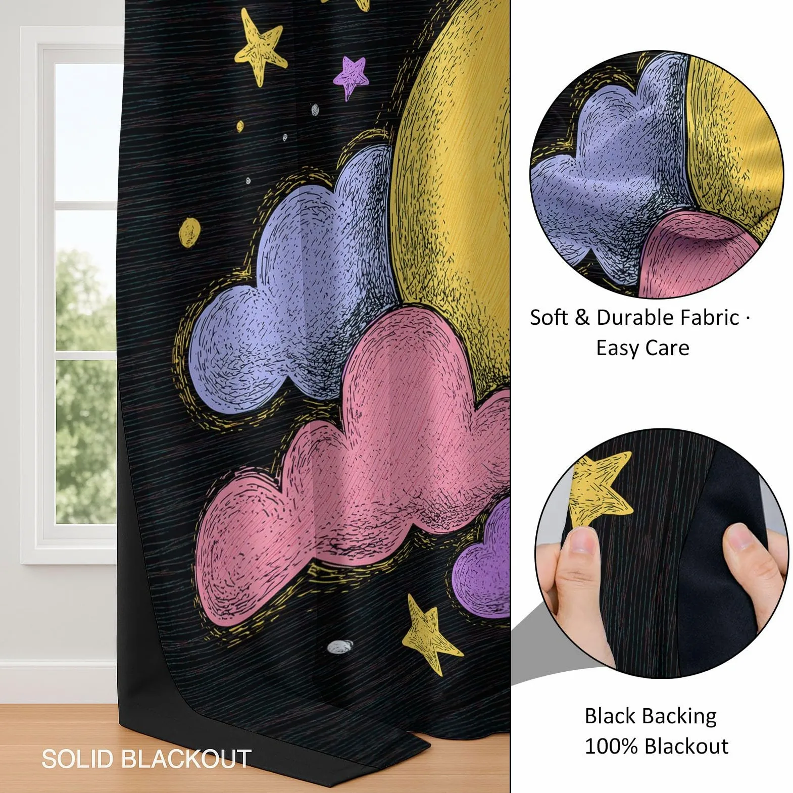 Rideau Occultant Noir, Rideaux Thermique Isolant Doux Anti UV - Draperies Intérieurs Ciel Étoilé Cartoon Nuages Lune pour Salon Chambre Décoration de Fenêtre 110L x 215H cm Lot de 2