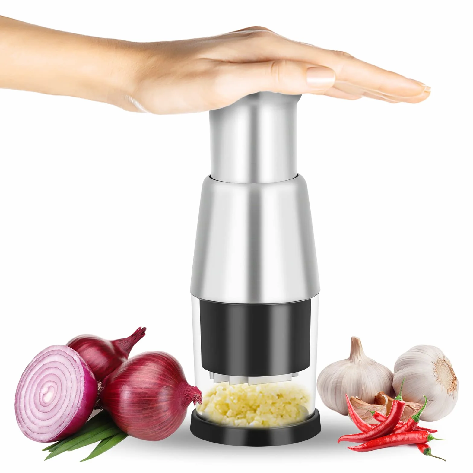 Presse-Ail Inox Hacheuse d'Échalote Coupe-Oignon Manuel à Pousser Hachoir Gingembre Ustensile de Cuisine Noir
