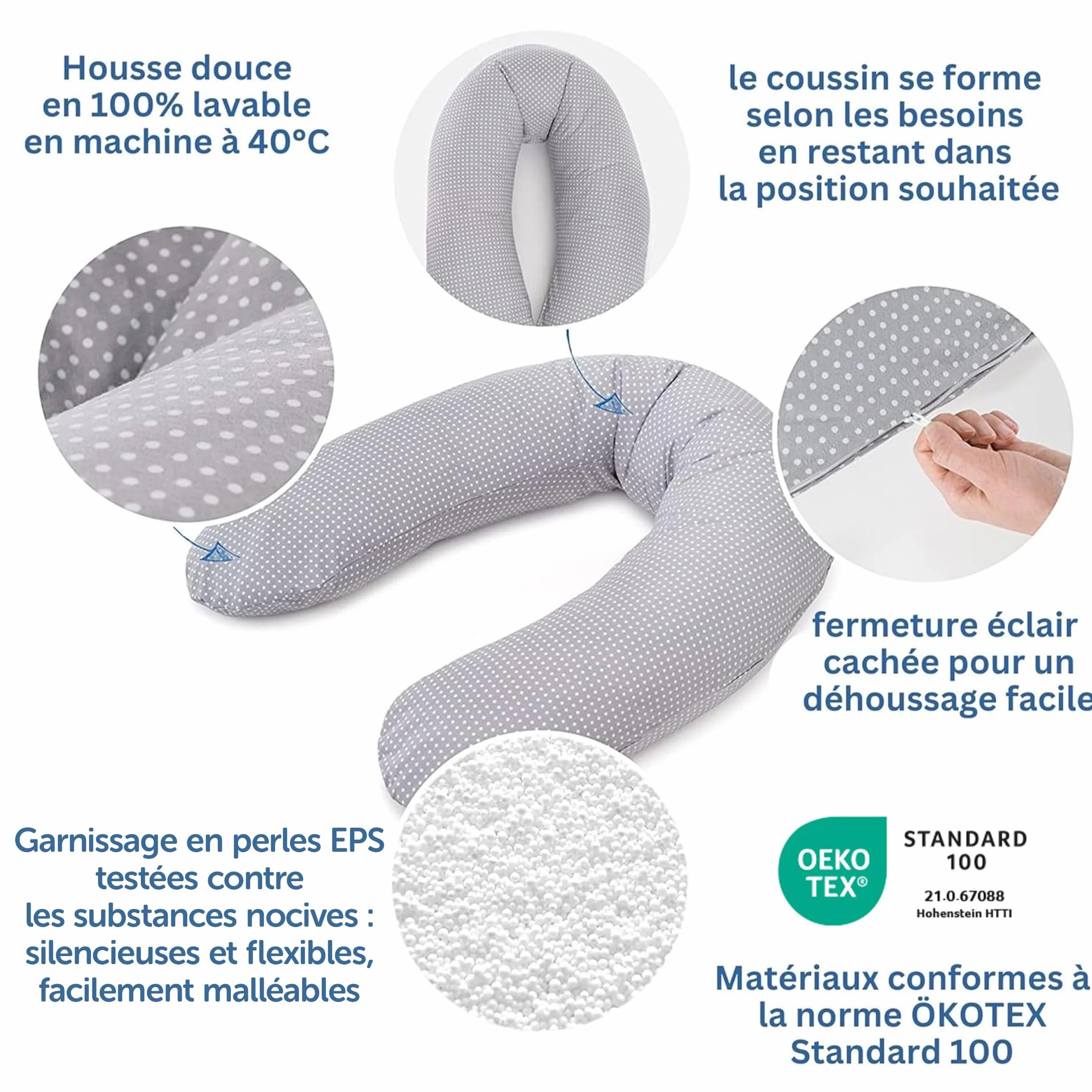 Theraline Coussin Allaitement Dodo Pillow Premium 180 cm Housse Coton Fines Billes Silencieuses Déhoussable Pois Gris