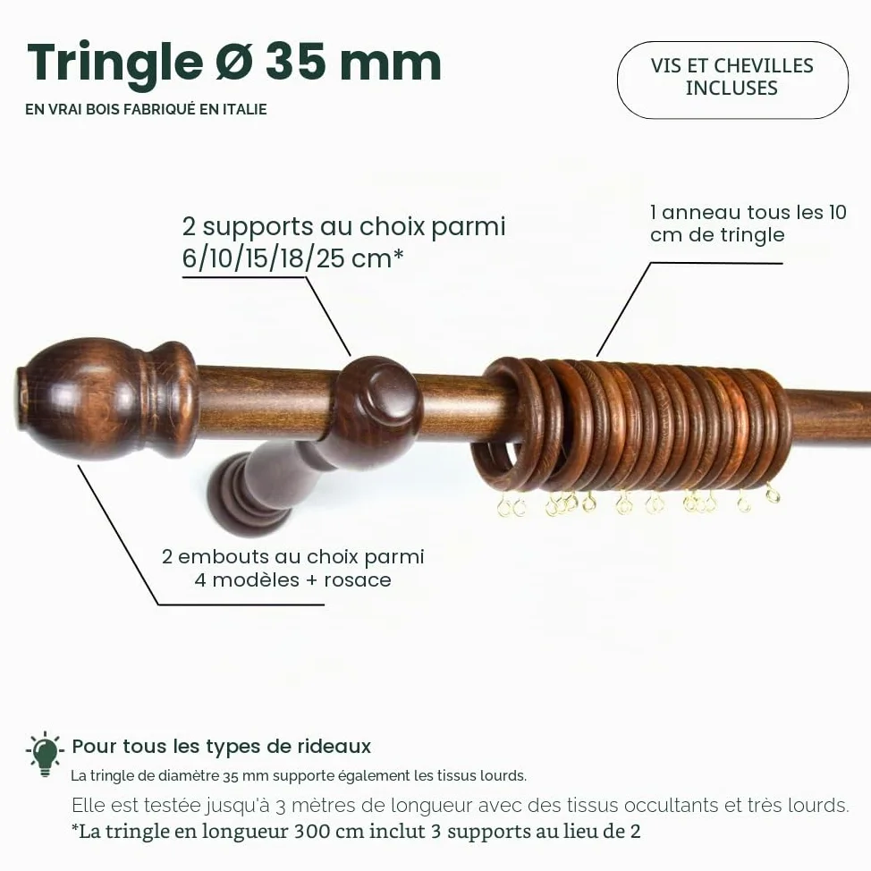 TENDAGGIMANIA Tringle RideauCouleur NOYER en Bois Resistant - Diamètre 35 mm - Longeur: 300 CM - Barre Rideau Mouvement Manuel - Avec Anneaux et tous les Accessoires