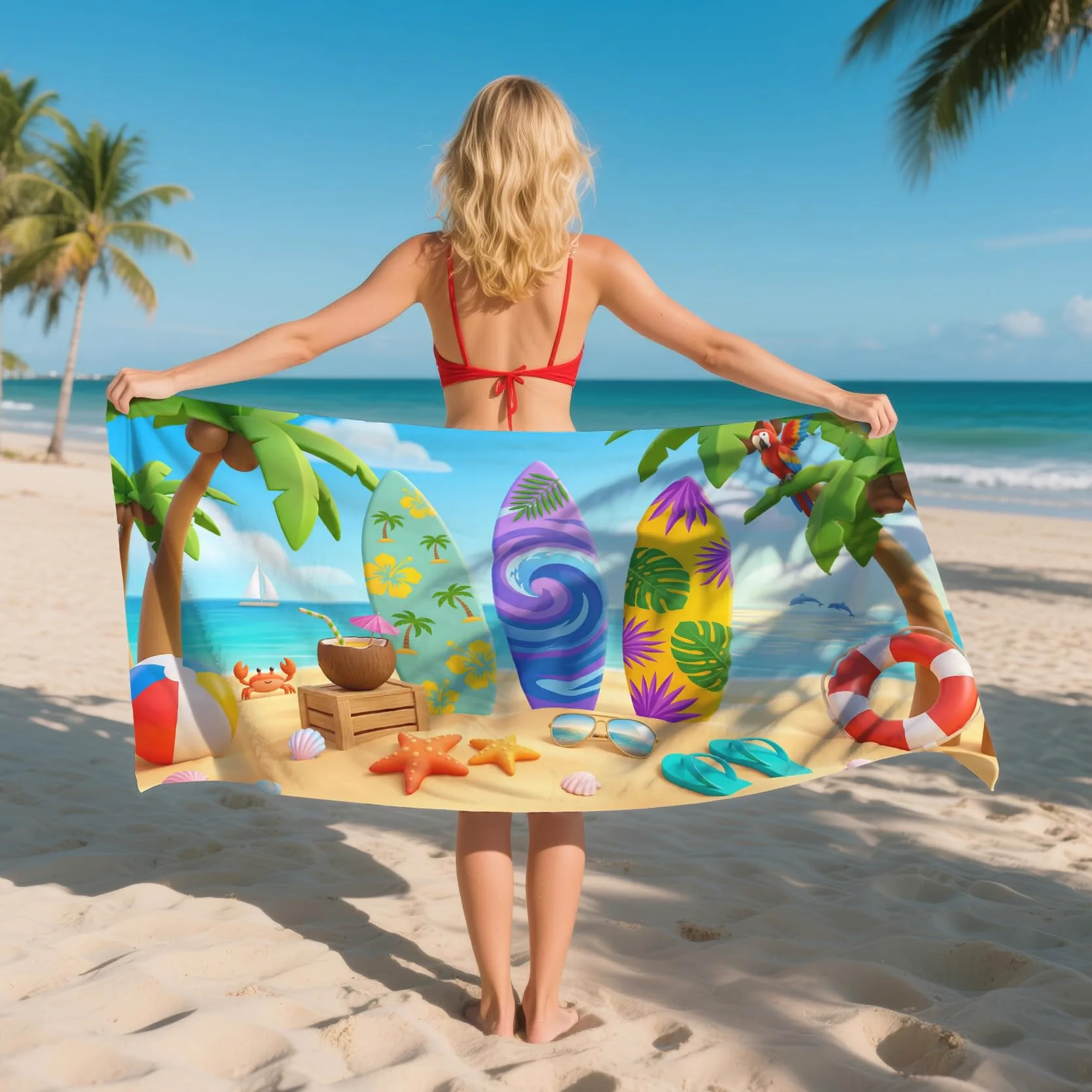 Serviette de Plage XXL Microfibre Planche de Surf Thème Plage Tropicale, Drap de Plage Séchage Rapide Anti Sable & Légère, Serviette de Bain Grande Taille 200x200 cm