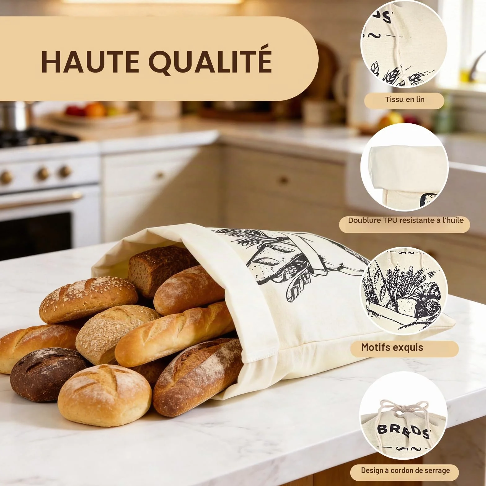Lot de 2 Grands Sacs à Pain Cire d'Abeille en Lin 45x35 cm avec Doublure TPU Durable