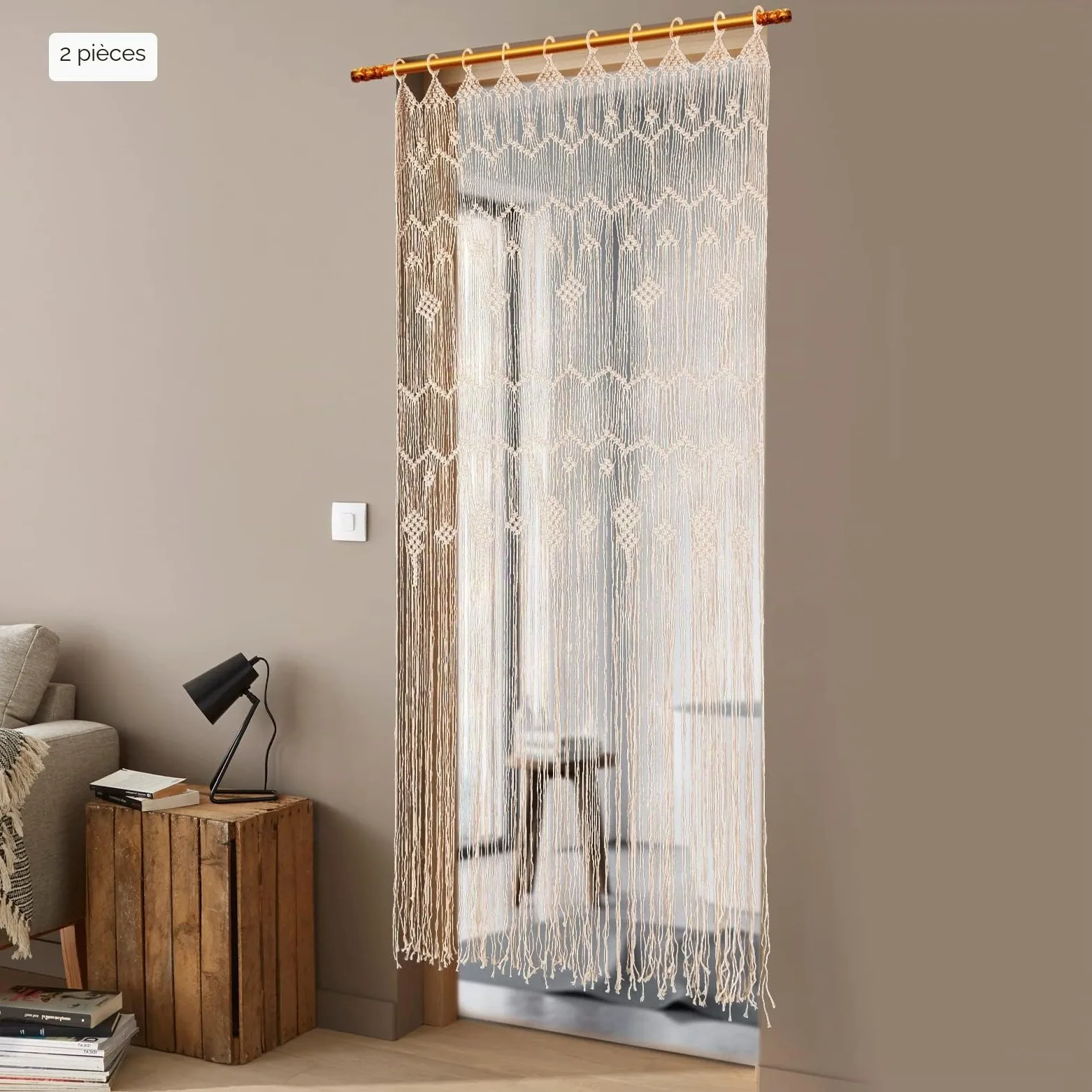 Lot de 2 rideaux en macramé - Style bohème - Fait à la main - Pour mariage, fenêtre et séparateur de pièce - Décoration murale pour la maison et le bureau - 100 x 200 cm