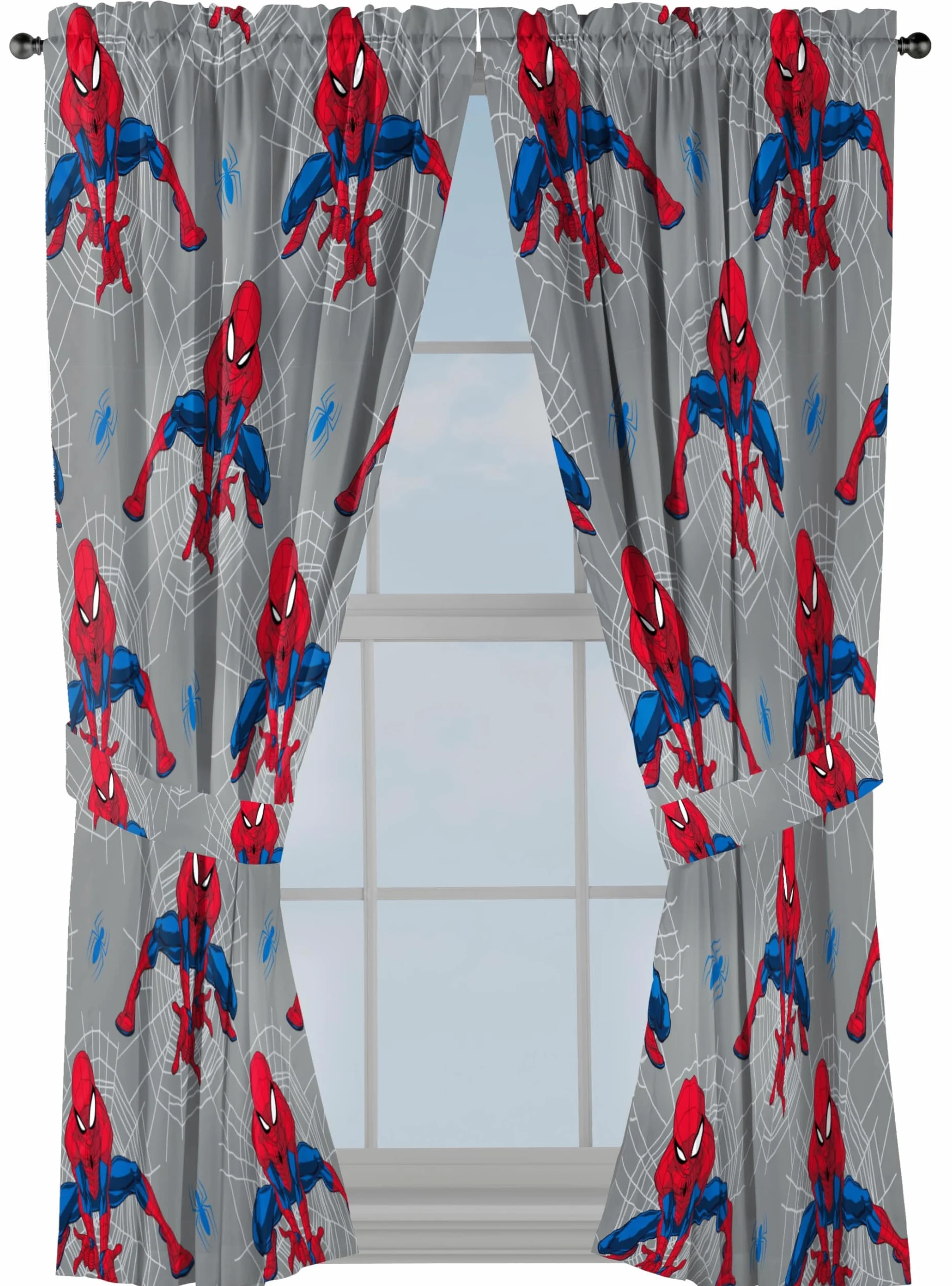 Jay Franco Lot de 2 rideaux de fenêtre pour chambre d'enfant avec 2 embrasses, gris – Spiderman, 106,7 cm de large x 160 cm de long