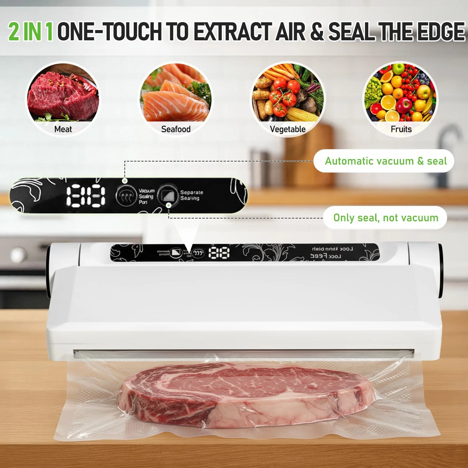 Machine Sous Vide Alimentaire 2 en 1, 60 kPa, Avec 20 Sacs, Mode Humide et Sec