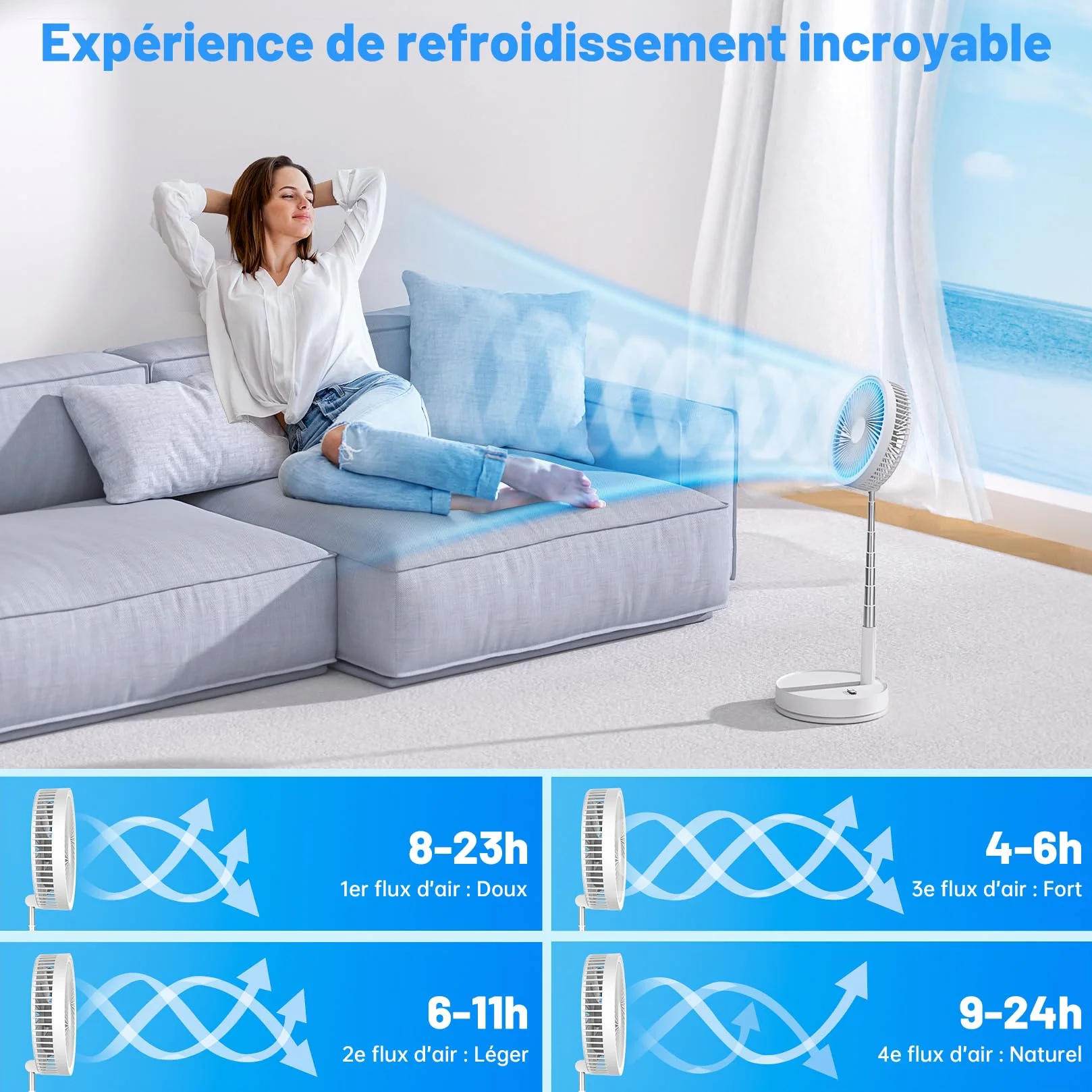 Ventilateur sur Pied Silencieux 8.6" Portable Pliable 4 Vitesses Timer 8000mAh USB Rechargeable pour Chambre Bureau