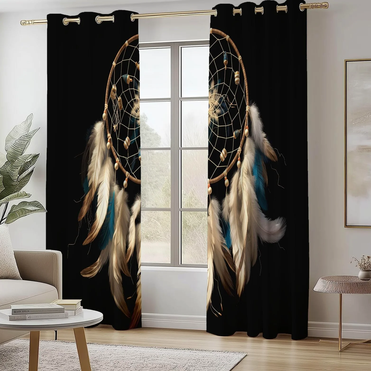 Rideau Occultant Noir Imprimé pour Salon Chambre Fenetre 85L X 200H cm (2 Panneaux) Rideaux à œillets d'intérieur isolés pour la Maison Bohème Fantastique Attrape-rêves Chambre Décoration Rideaux