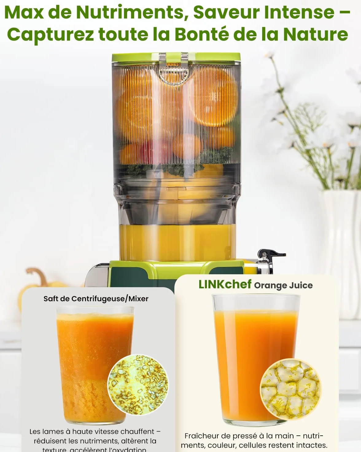 LINKChef Extracteur de Jus Vertical Slow Juicer 200W Goulot Large 115 mm Fruits Légumes Entiers Sans BPA Vert