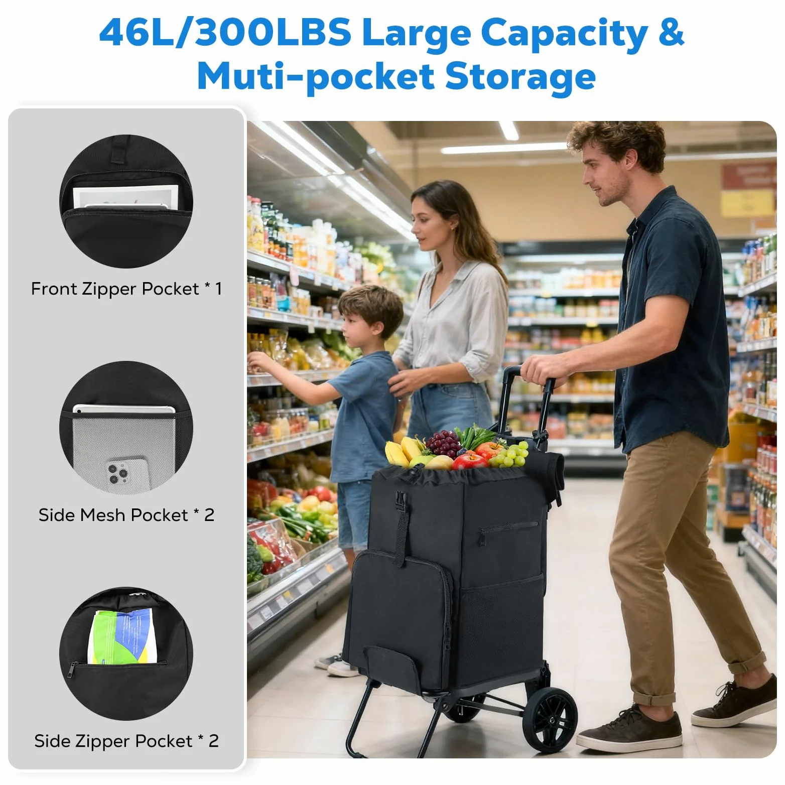Housolution Chariot Caddie de Courses Pliable à roulettes | 46L/136KG Capacité, 2 en 1 Caddy Diable et Chariot pour Camping et Linge