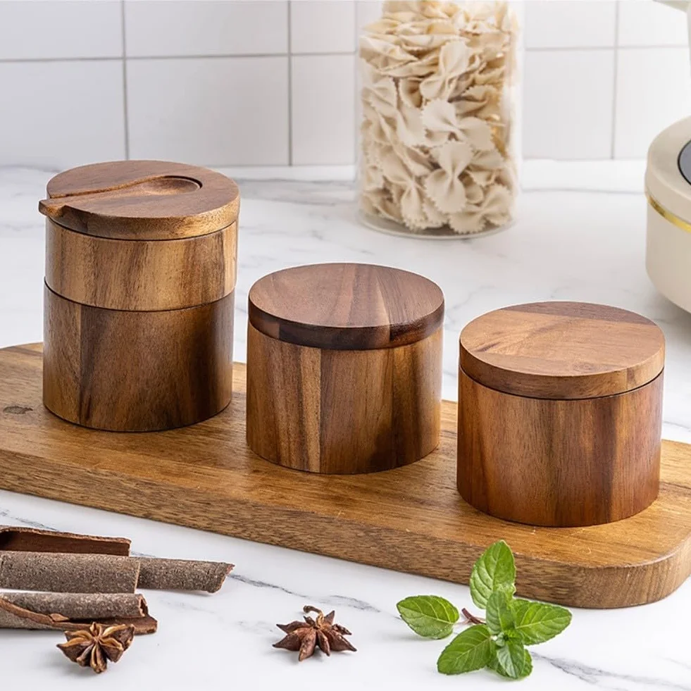 Salière en bois d'acacia avec couvercle rotatif, dimensions optimisées