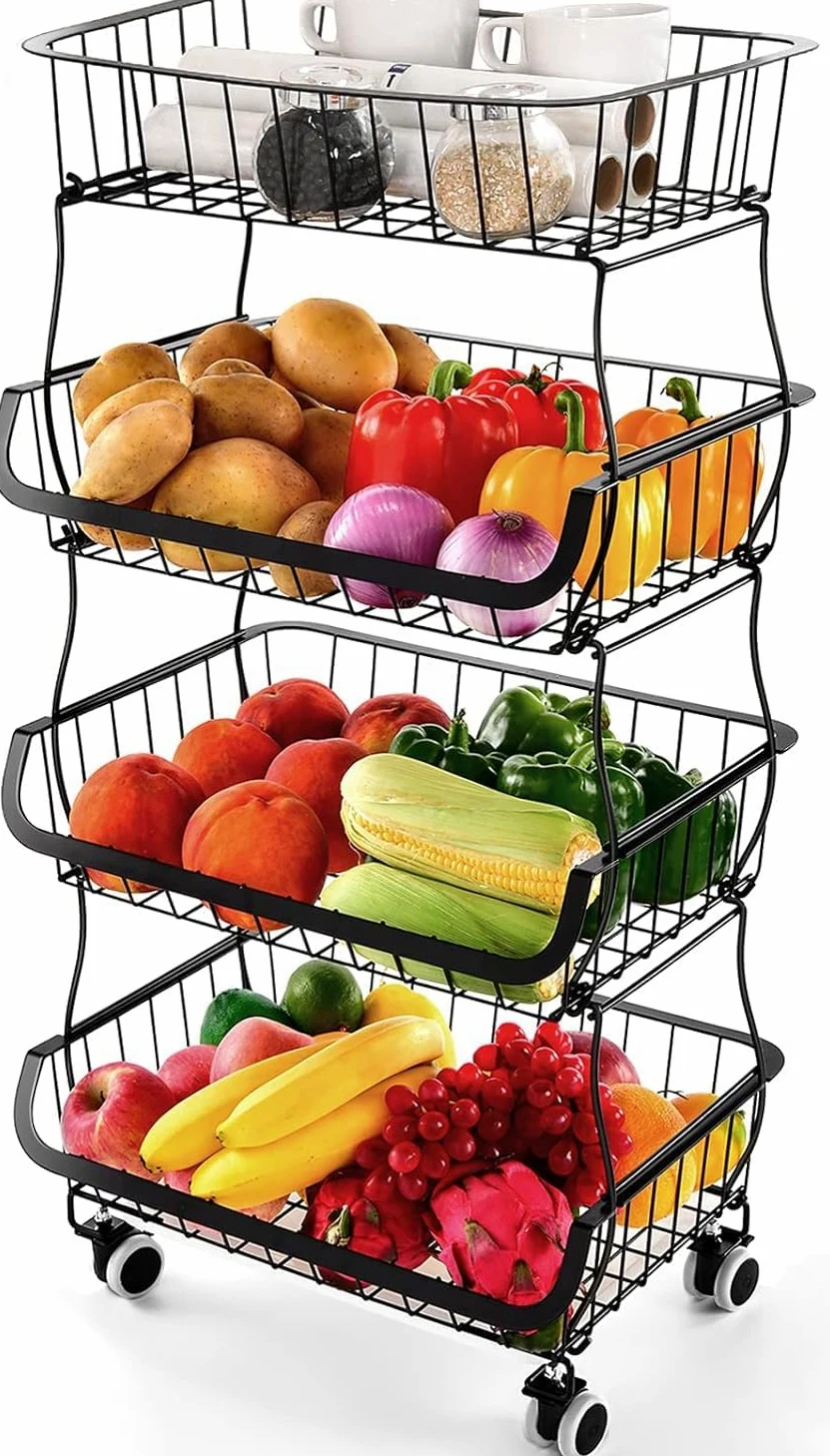 Corbeille à Fruits à 4 Étages Paniers à Légumes à Fruits Paniers de Rangement Empilables en Métal avec Roues adapté à la Cuisine,Garde-manger,les Toilettes