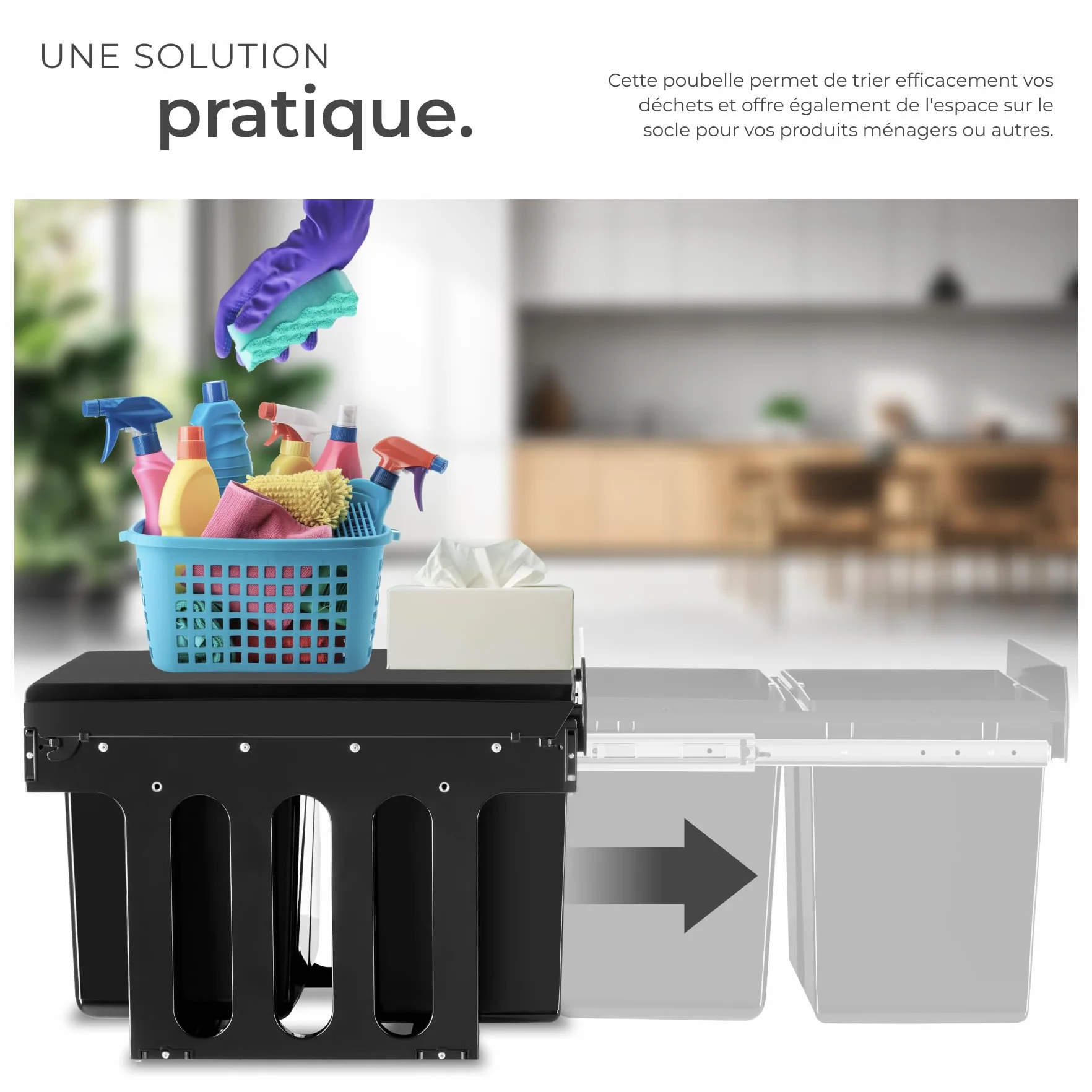 Poubelle de tri selectif 2 compartiments 2x15L 30 litres Noir pour Meuble de cuisine
