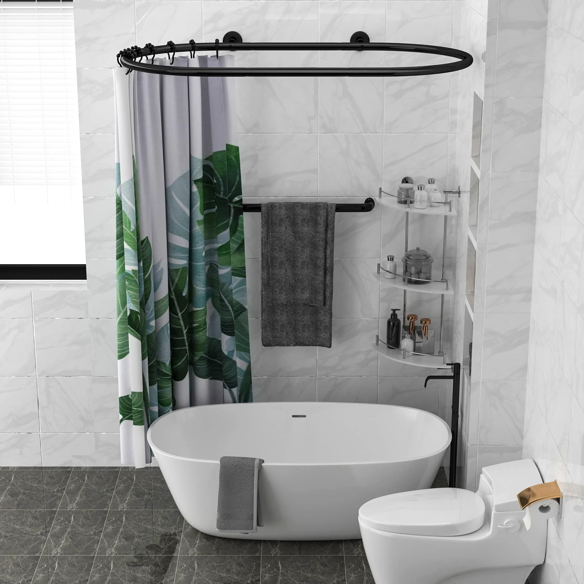 Tringle à rideau de douche ovale en alliage d'aluminium de forme carrée pour baignoire sur pieds sur griffes (noir : L 140 cm, l 63,5 cm)
