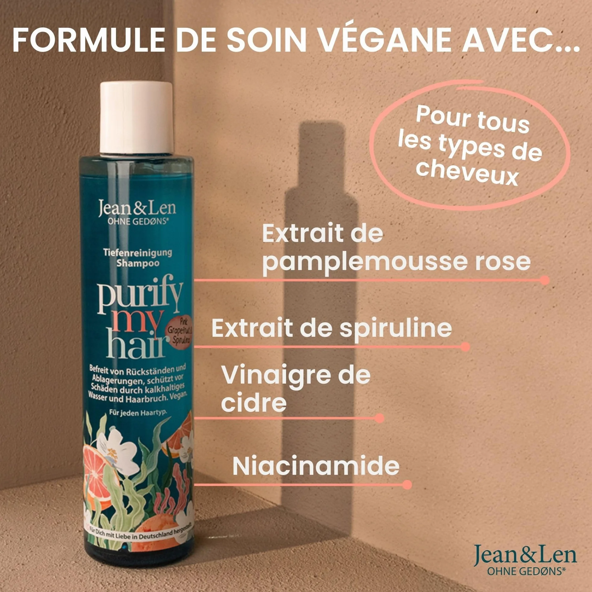 Jean & Len Shampooing Pamplemousse Rose & Spiruline 300 ml sans silicones végane