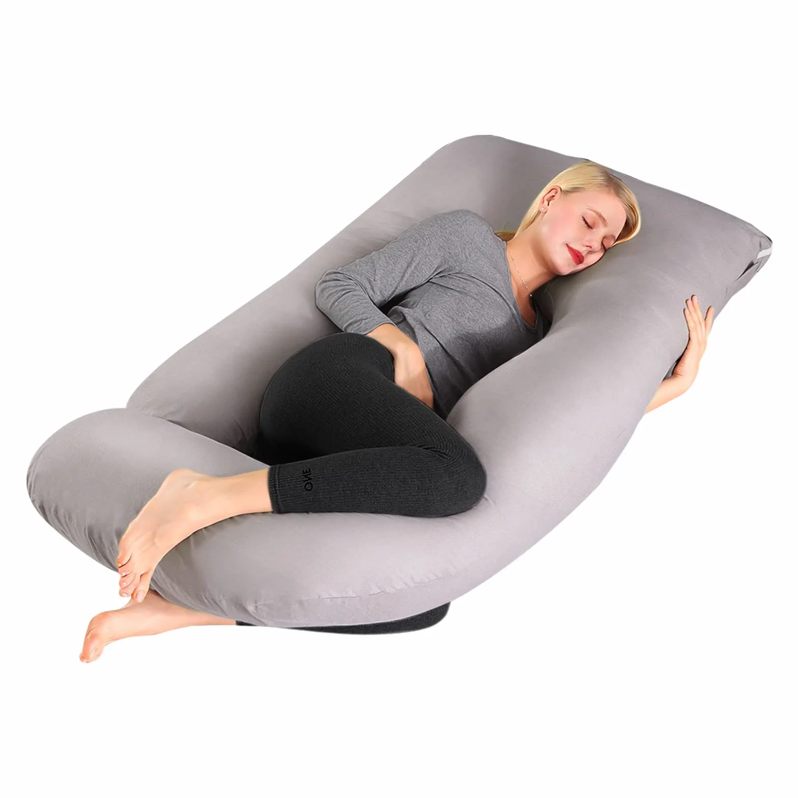 Lannvan Oreiller de Grossesse en Forme de J pour Femme Enceinte - Coussin d'Allaitement et Maternité avec Housse Lavable 100% Coton Gris