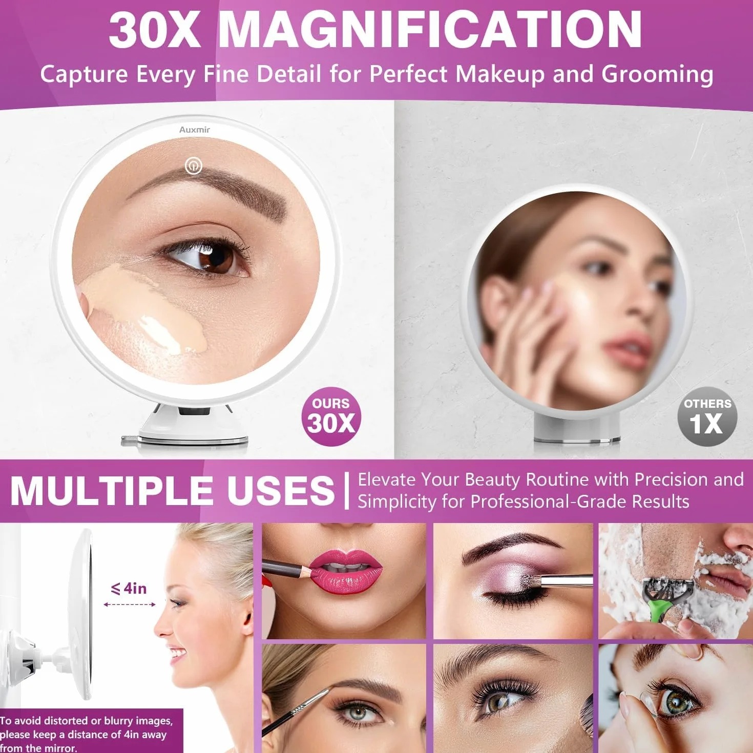 Auxmir Miroir Grossissant 30x Lumineux Rechargeable 3 Modes LED Ventouse Ajustable 360° sans Fil Cosmétique Portable Salle de Bain