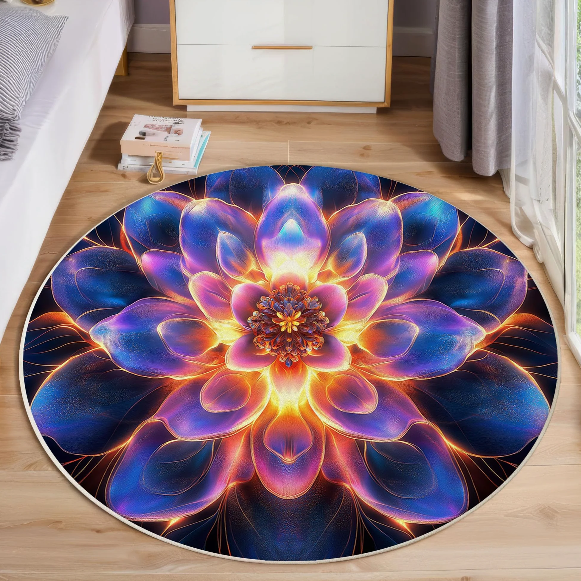 Tapis Rond 100cm, Microfibre Douce Tapis Circulaire Fantastique Art, Moquette Salon Chambre, Imprimés Brillant Mandala Antidérapant Lavable Moquette de Décoration, Bleu Violet