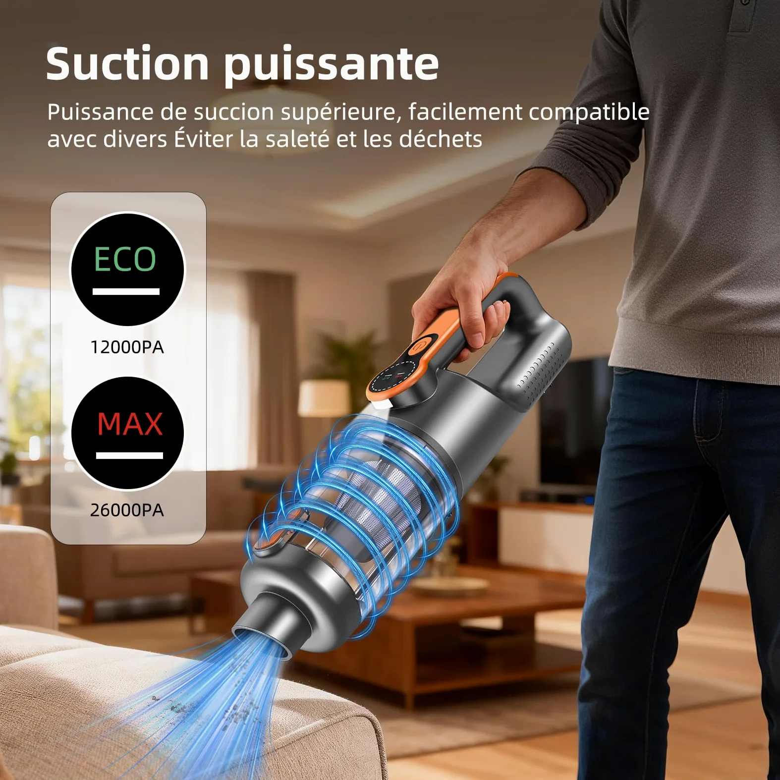 Aspirateur à Main, 26000Pa 4-in-1 Aspirateur sans Fil Puissant, Dépoussiérage par One Pression, Moteur sans Balais, écran HD et Lumière LED, Mini Aspirateur Voiture pour Maison/Bureau/Voiture, Orange