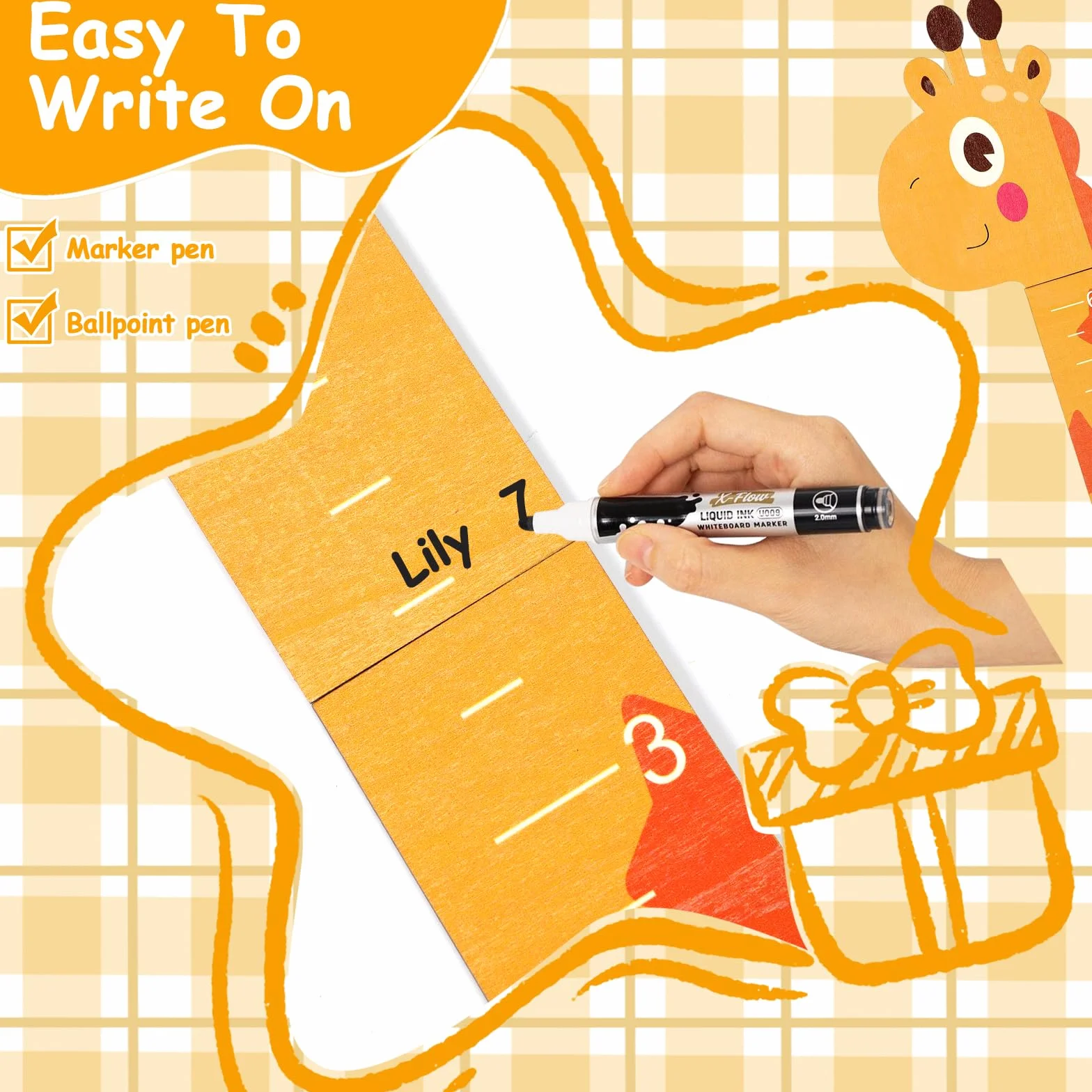 Toise pour enfants 180 cm en bois personnalisable girafe jaune décoration murale